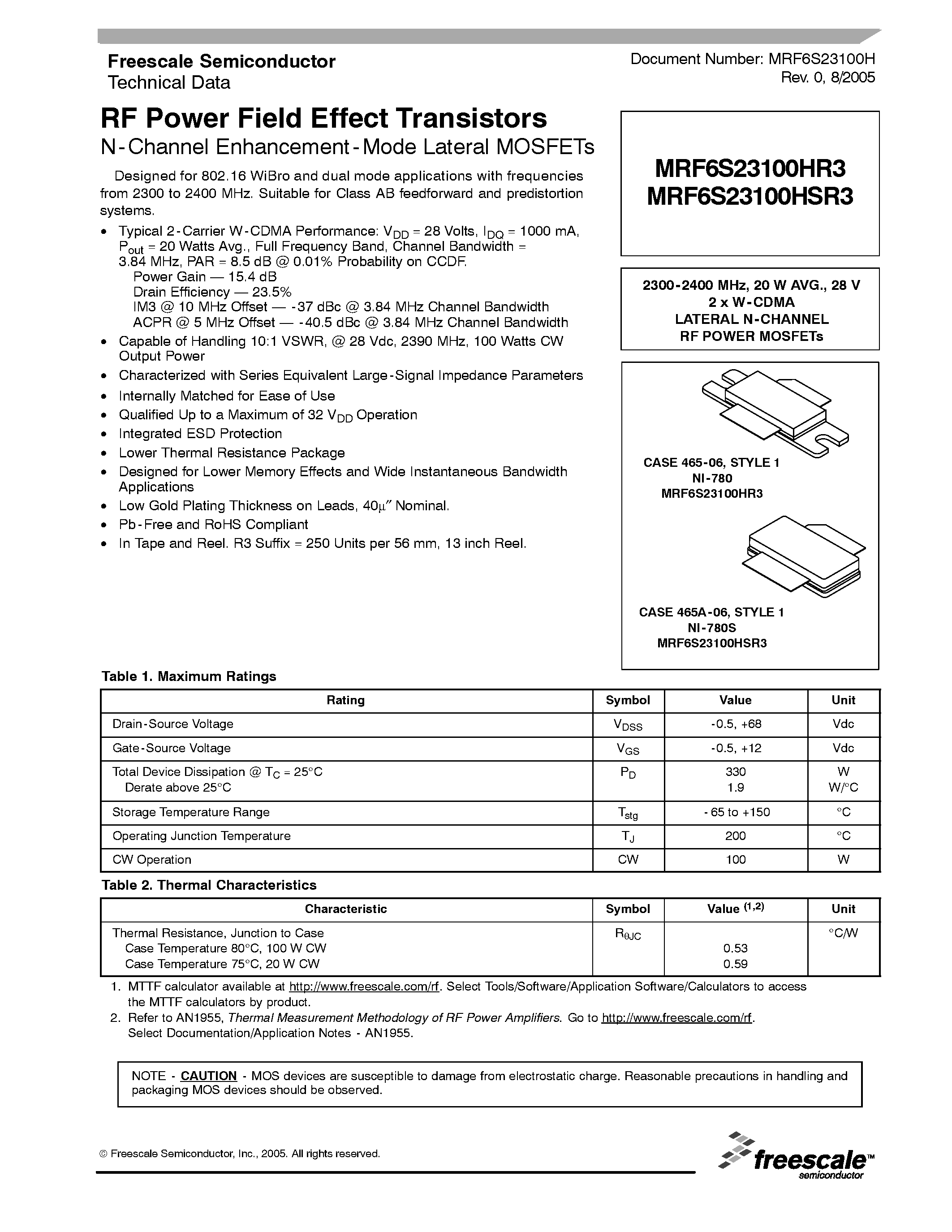 Datasheet MRF6S23100Hxx page 1 Datasheet MRF6S23100Hxx - RF Power Dield Effect Transistors page 1