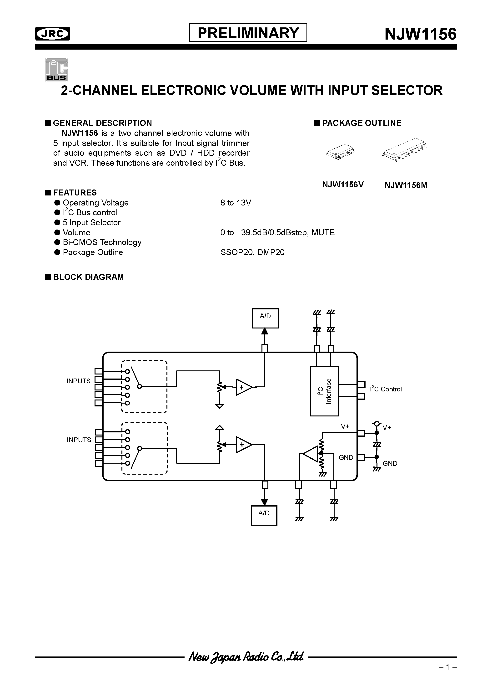 Datasheet NJW1156 - 2-CHANNEL ELECTRONIC VOLUME WITH INPUT SELECTOR page 1