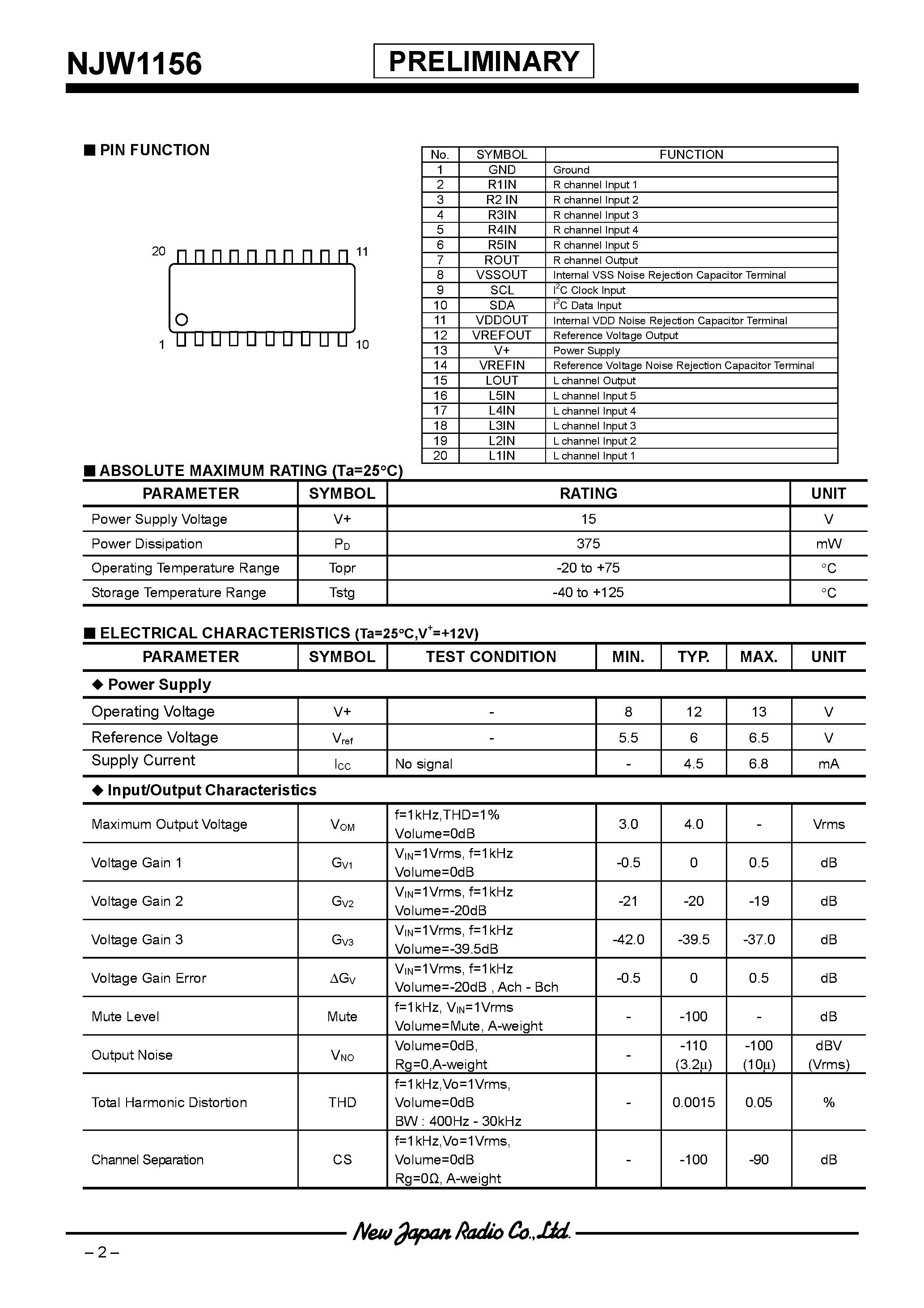 Datasheet NJW1156 - 2-CHANNEL ELECTRONIC VOLUME WITH INPUT SELECTOR page 2
