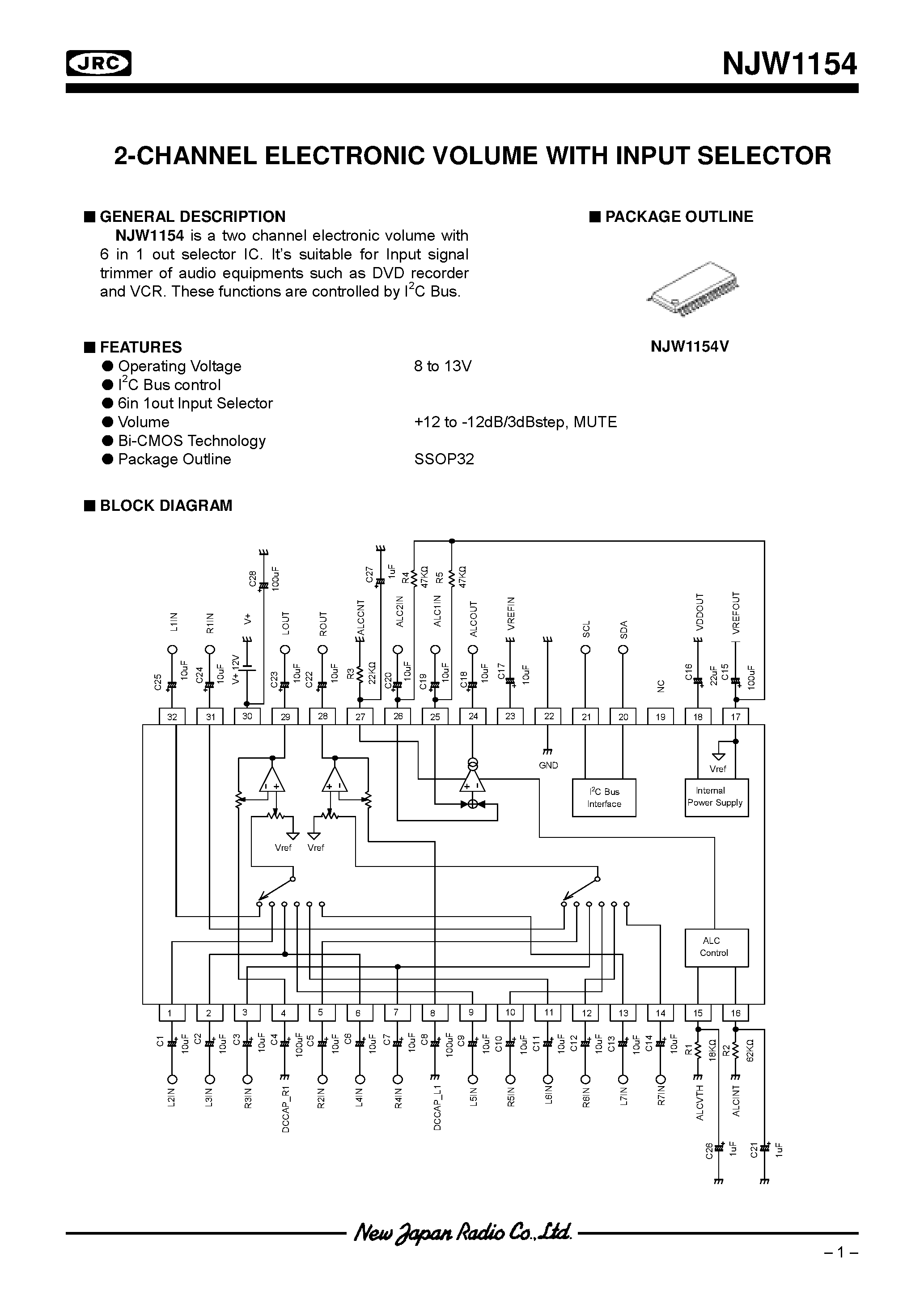 Datasheet NJW1154 - 2-CHANNEL ELECTRONIC VOLUME WITH INPUT SELECTOR page 1