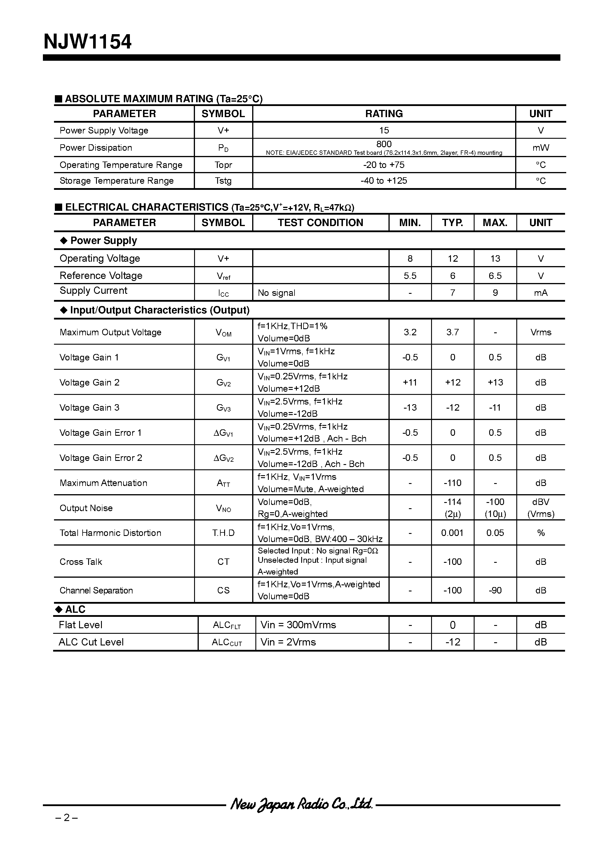 Datasheet NJW1154 - 2-CHANNEL ELECTRONIC VOLUME WITH INPUT SELECTOR page 2
