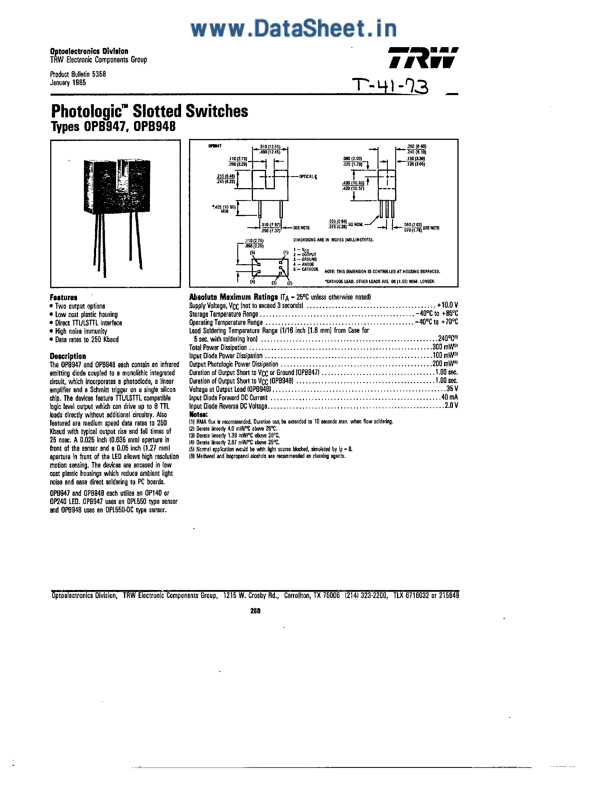 Даташит на микросхему OPB947 страница 1 Даташит OPB947 - (OPB947 / OPB948) PHOTOLOGIC SLOTTED SWITCHES страница 1