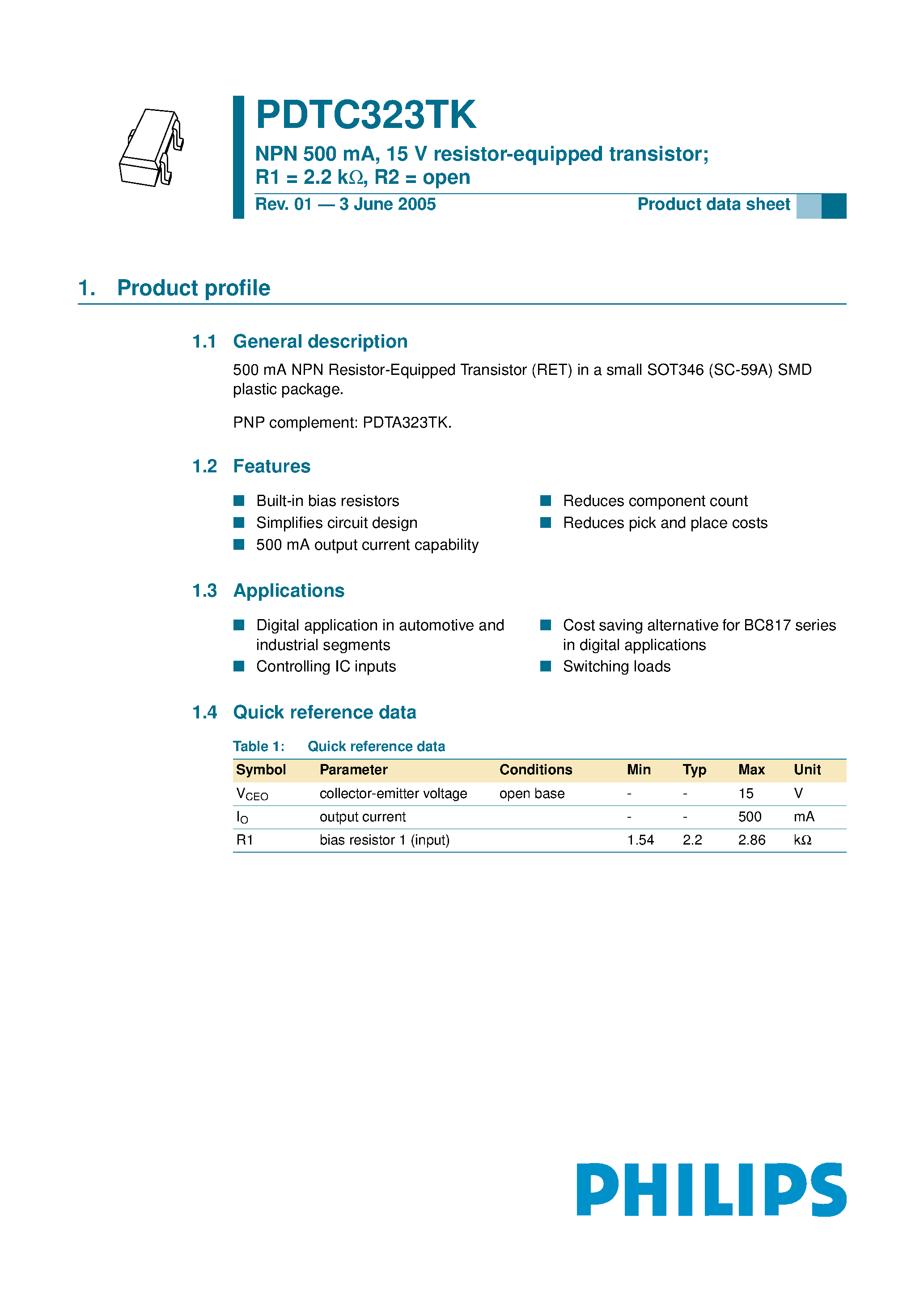 Даташит на микросхему PDTC323TK страница 1 Даташит PDTC323TK - NPN 500 mA / 15 V resistor-equipped transistor страница 1