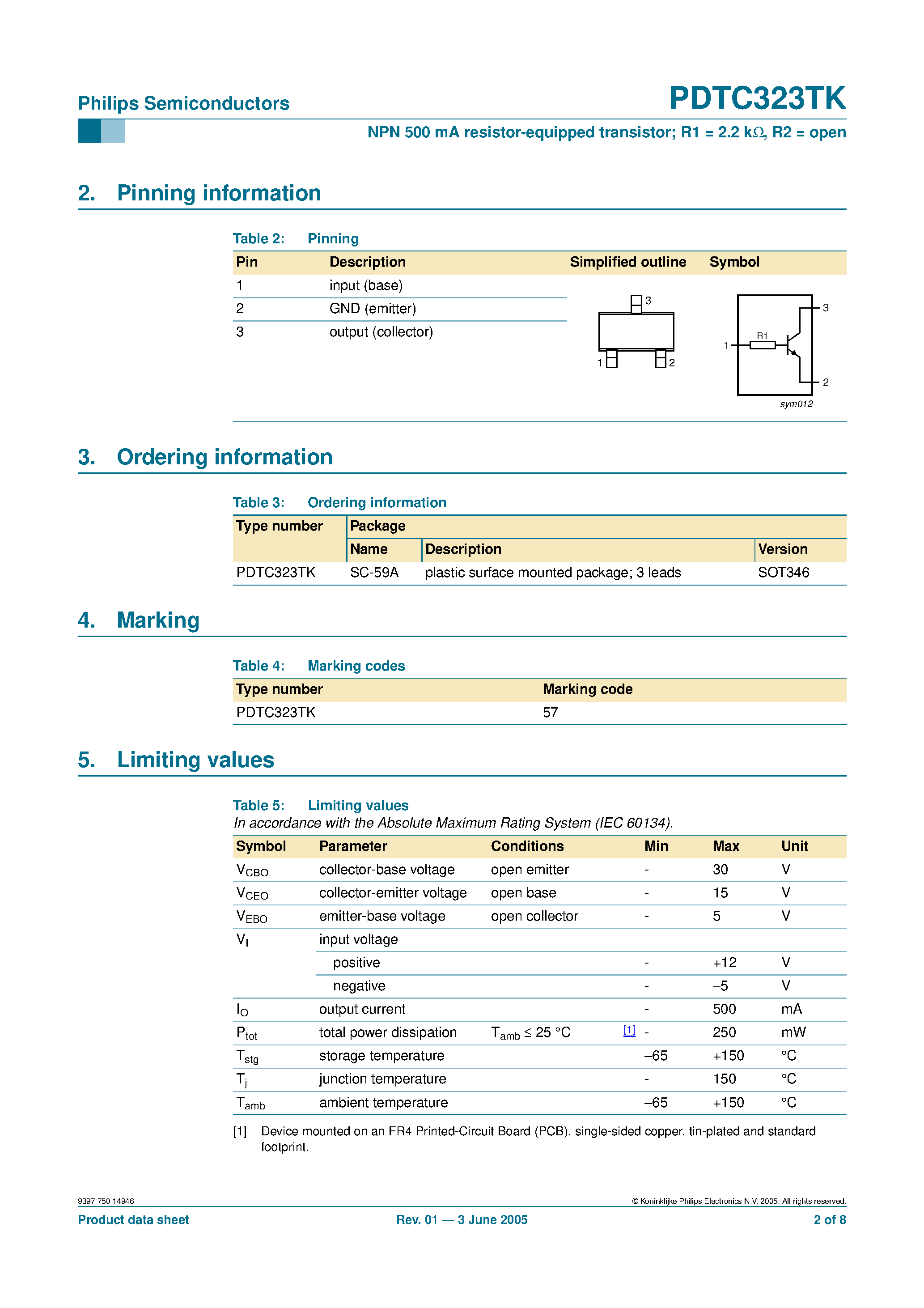 Даташит на микросхему PDTC323TK страница 2 Даташит PDTC323TK - NPN 500 mA / 15 V resistor-equipped transistor страница 2