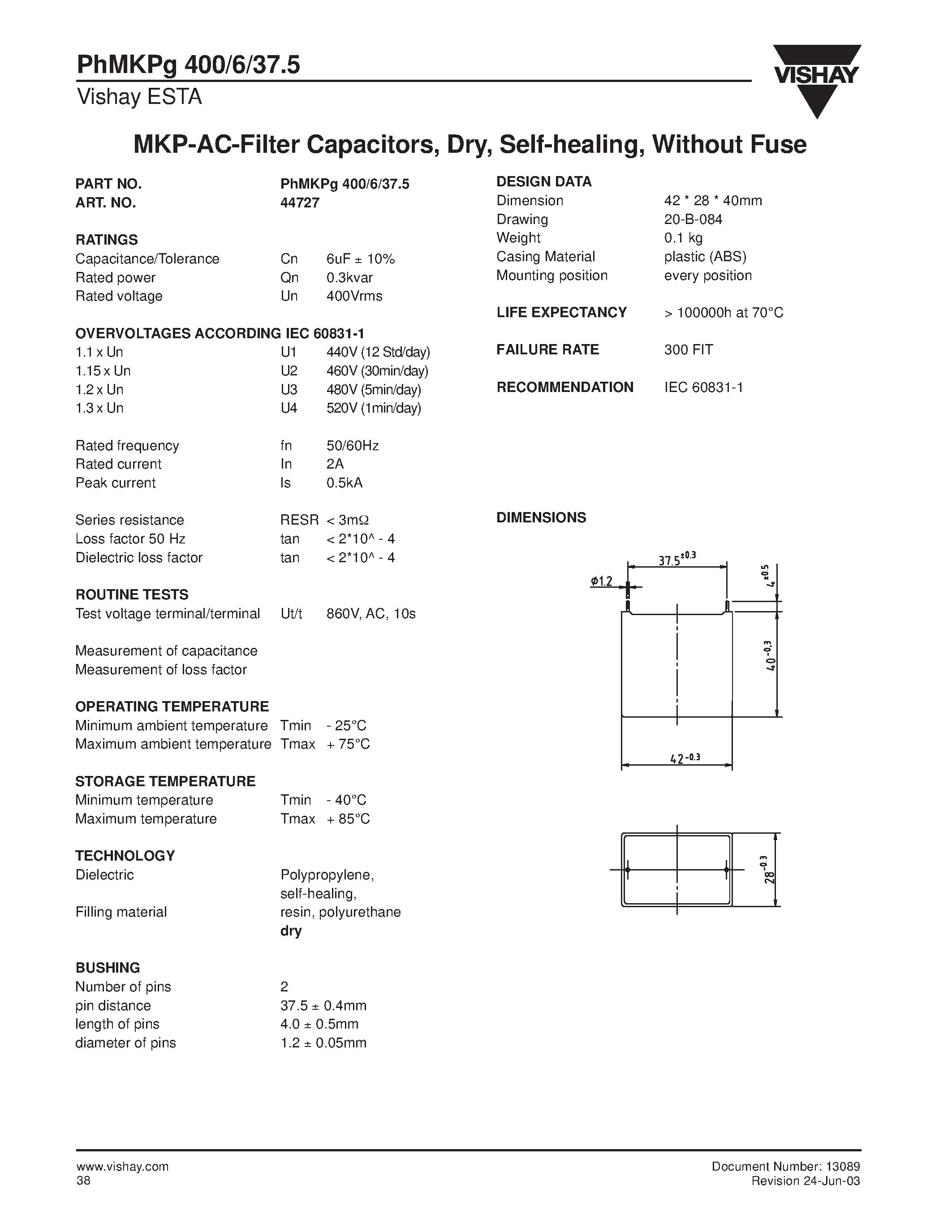 Datasheet PHMKPGxx - MKP-AC-Filter Capacitors / Dry / Self-healing / Without Fuse page 1