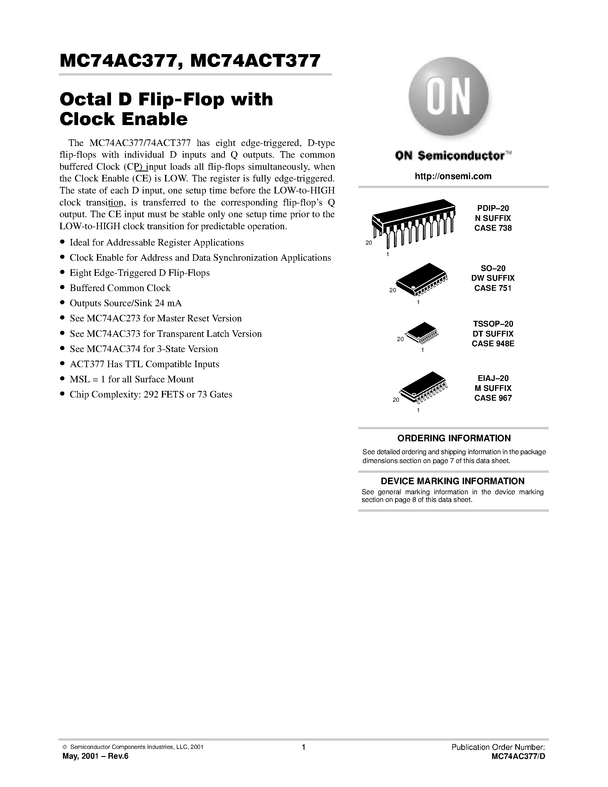 Даташит MC74AC377 - Octal D Flip-Flop with Clock Enable страница 1