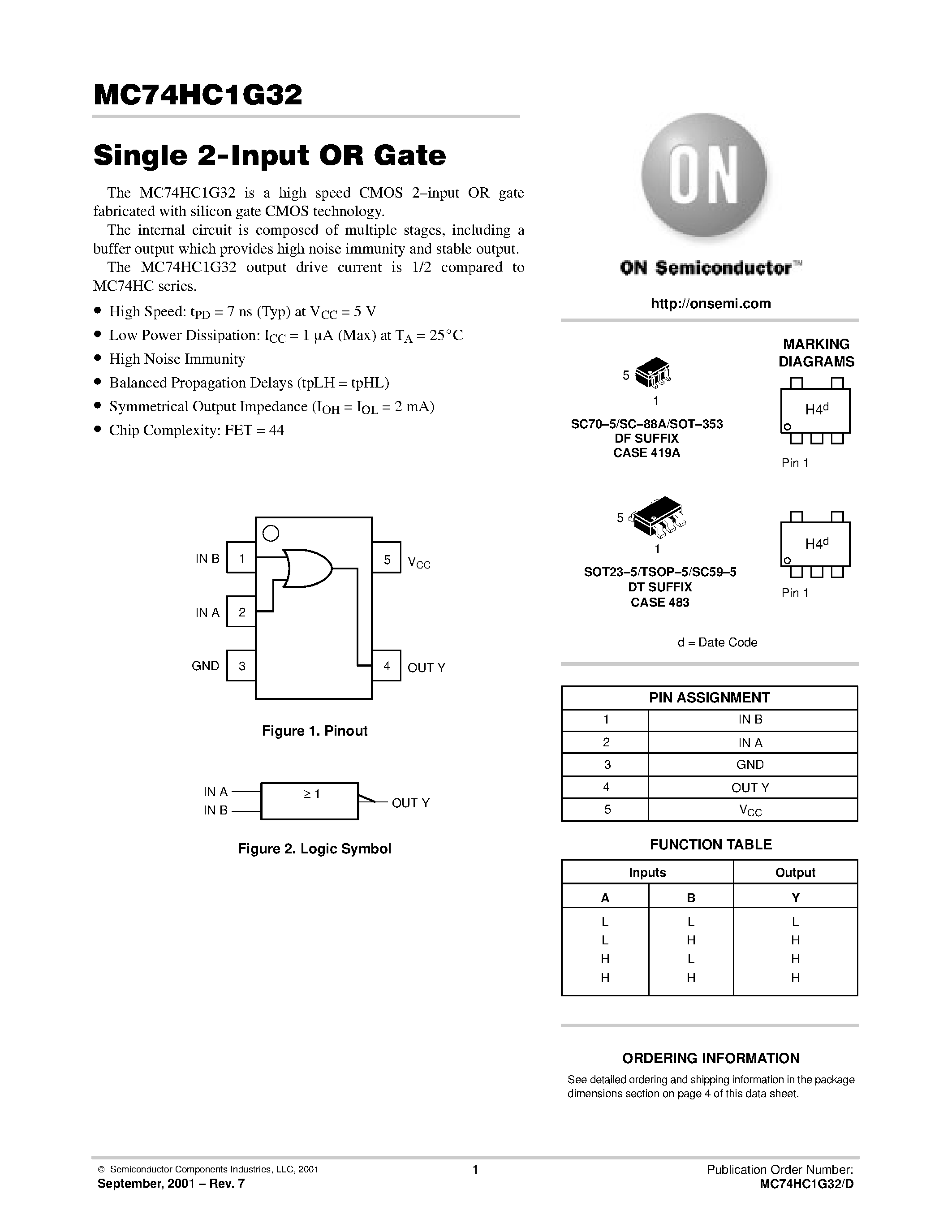 Даташит MC74HC1G32 - Single 2-Input OR Gate страница 1