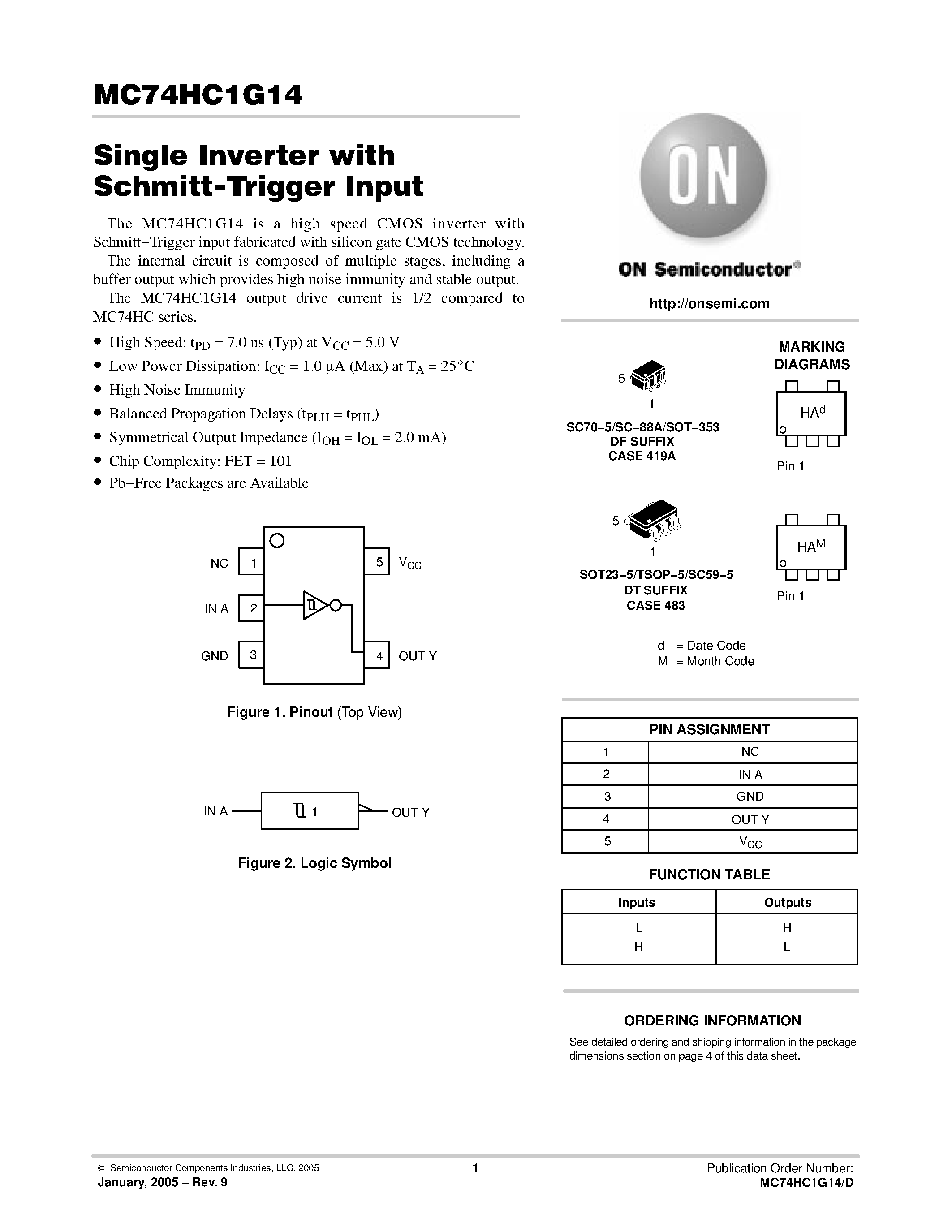 Даташит MC74HC1G14 - Inverter with Schmitt-Trigger Input страница 1