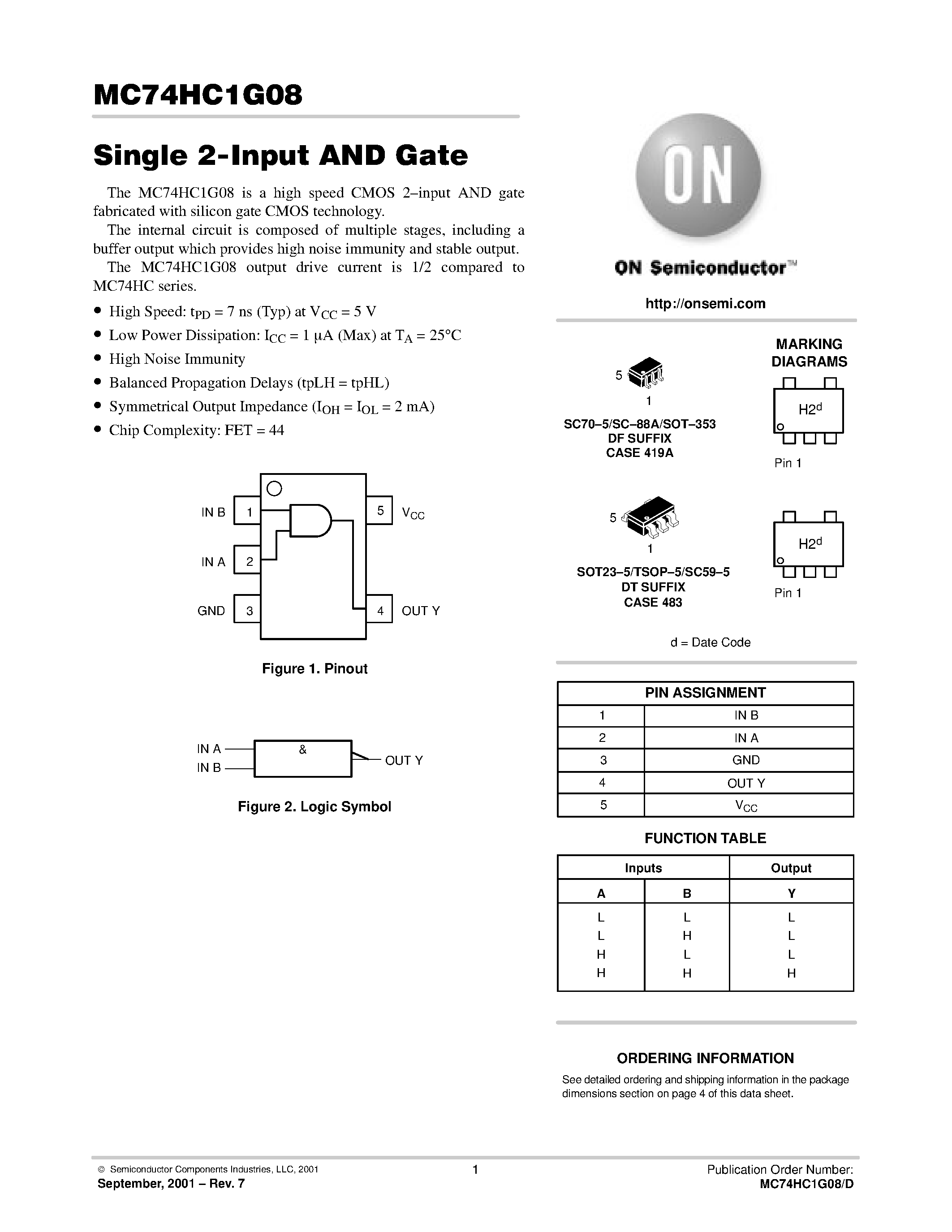 Даташит MC74HC1G08 - Single 2-Input AND Gate страница 1