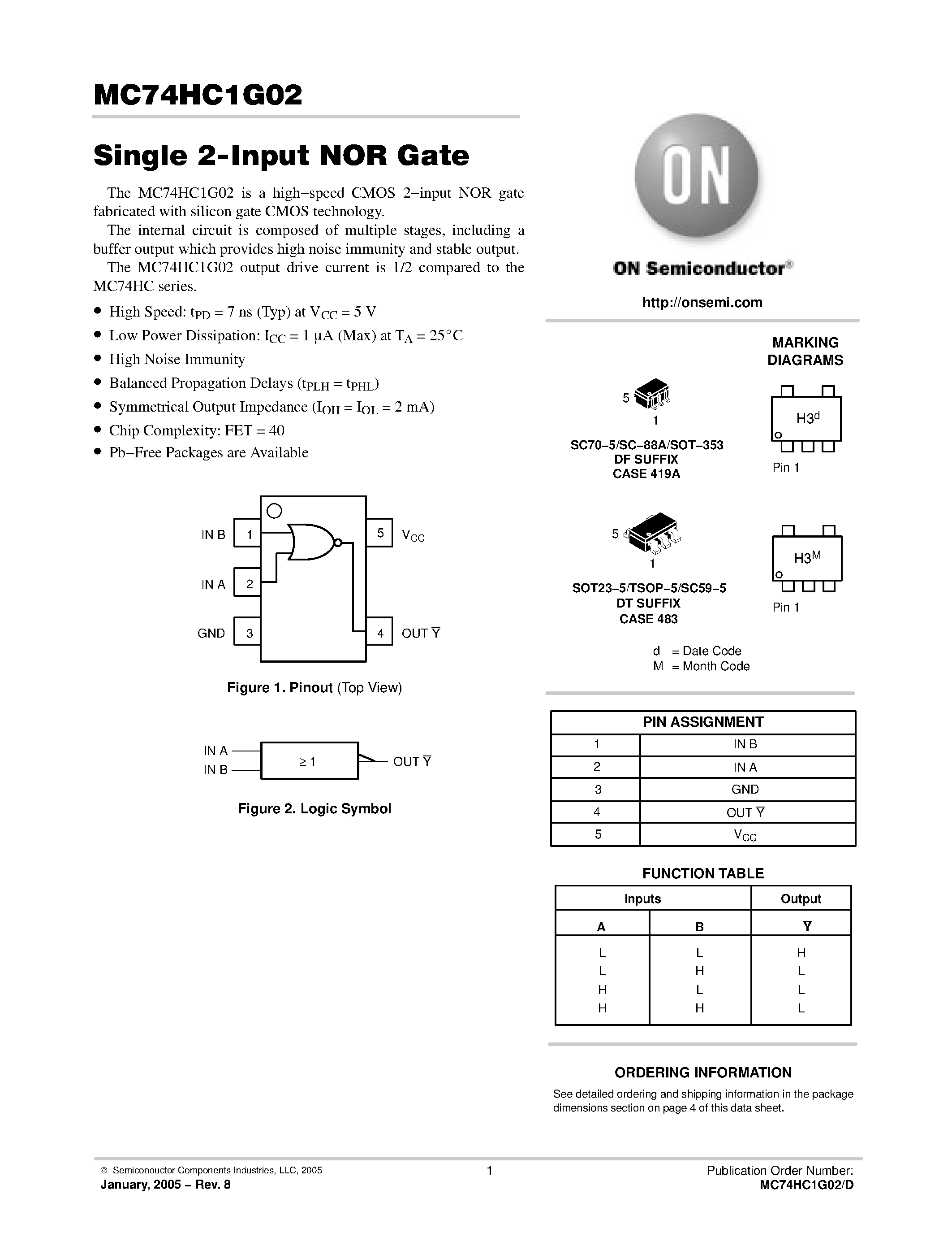 Даташит MC74HC1G02 - Single 2-Input NOR Gate страница 1