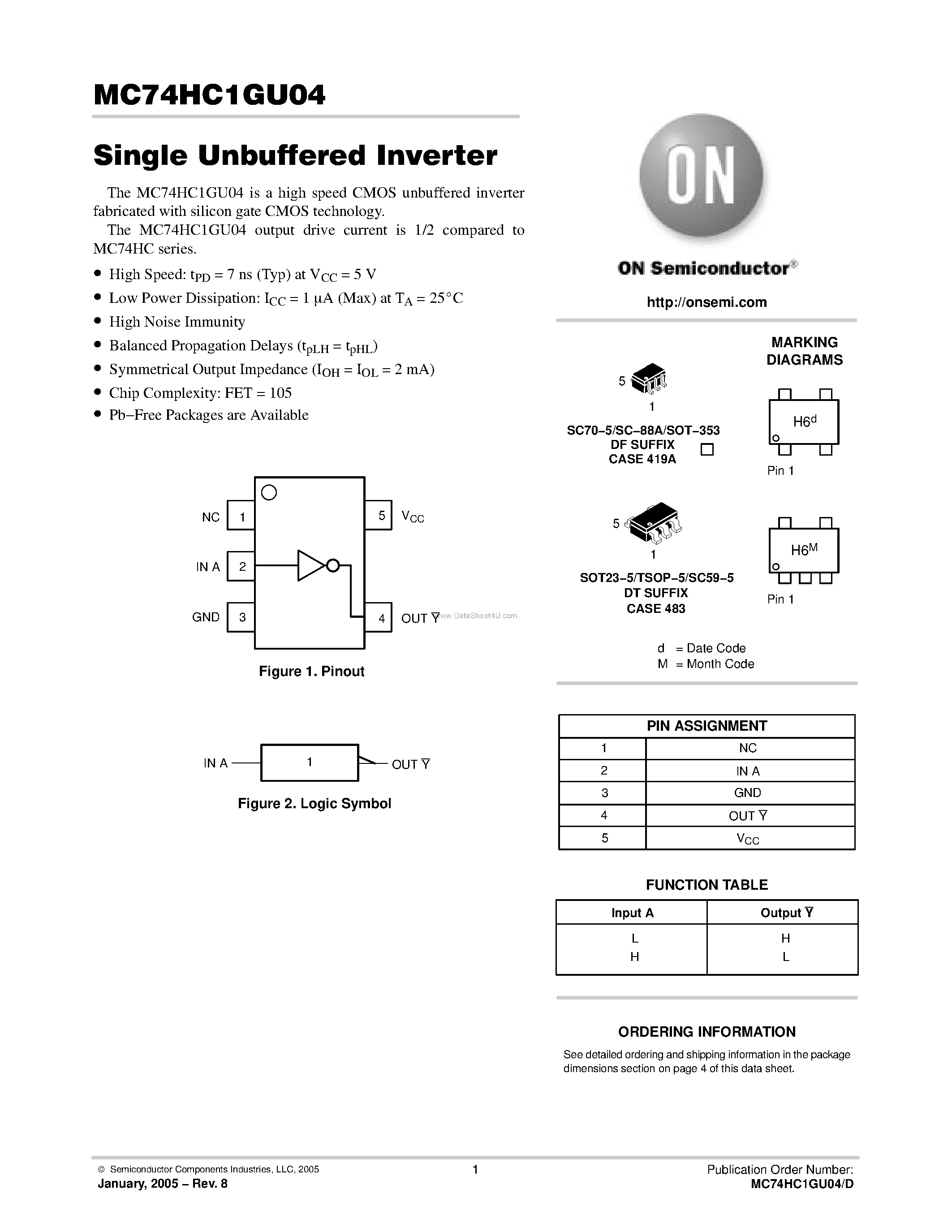 Даташит MC74HC1GU04 - Unbuffered Inverter страница 1