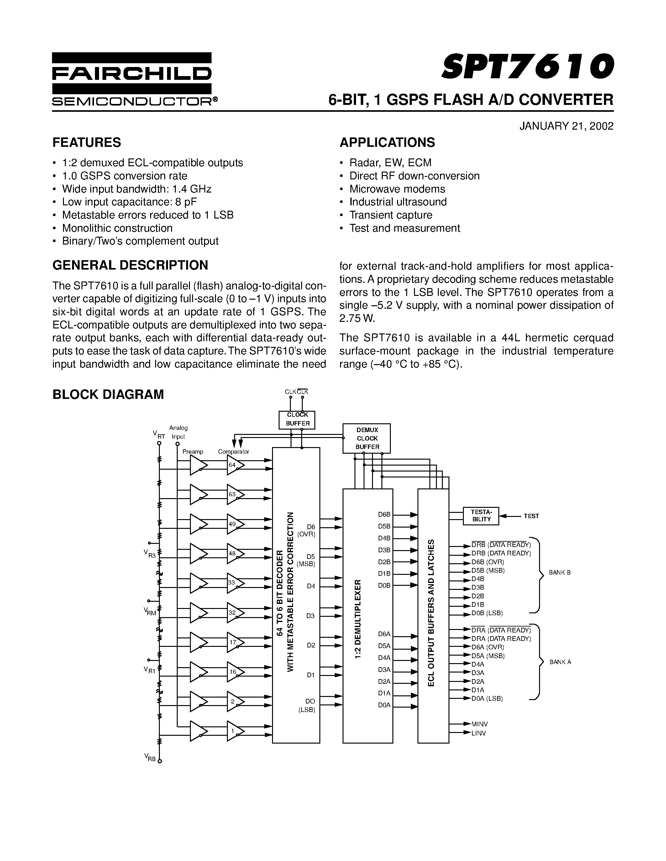 Datasheet SPT7610 page 1 Datasheet SPT7610 - 6-BIT / 1 GSPS FLASH A/D CONVERTER page 1