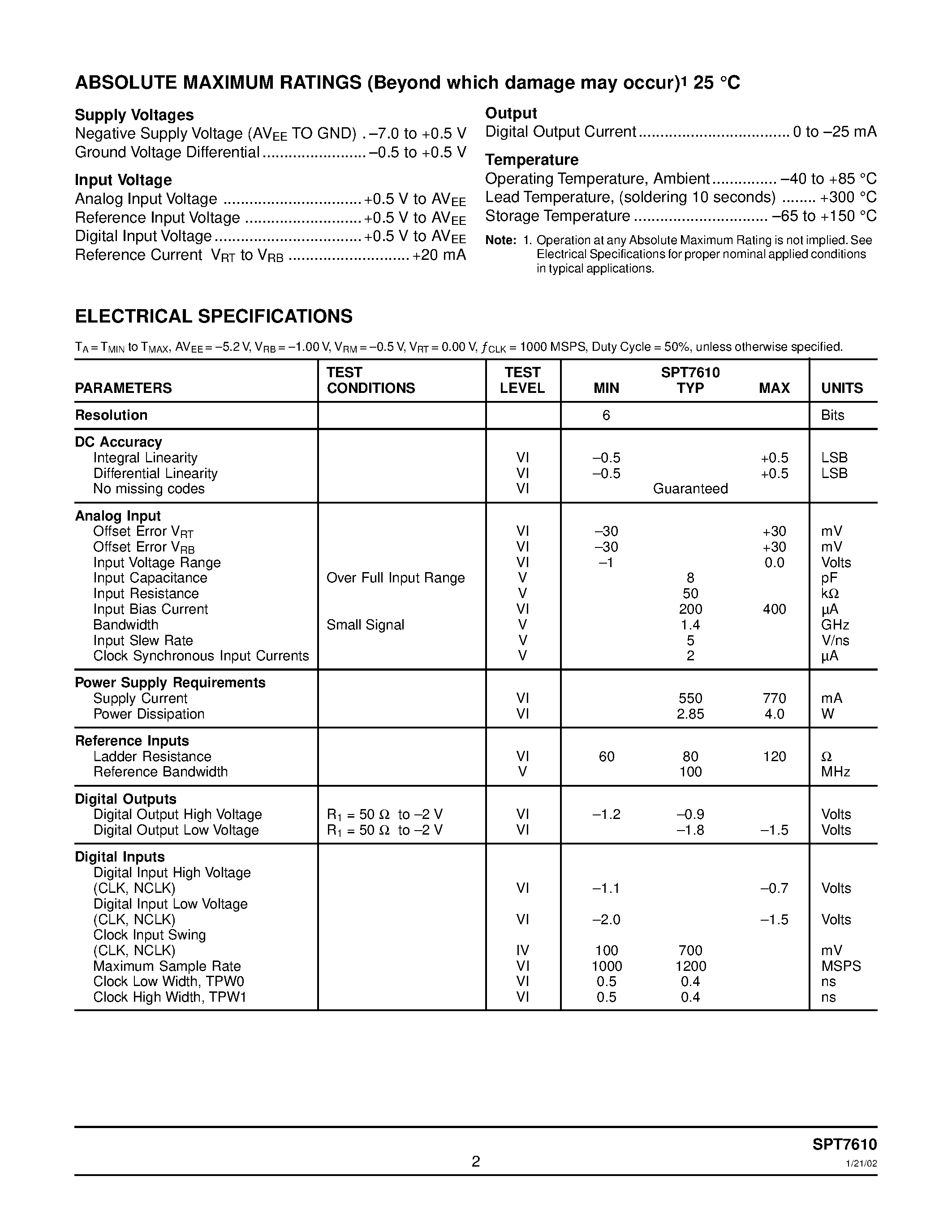 Datasheet SPT7610 page 2 Datasheet SPT7610 - 6-BIT / 1 GSPS FLASH A/D CONVERTER page 2