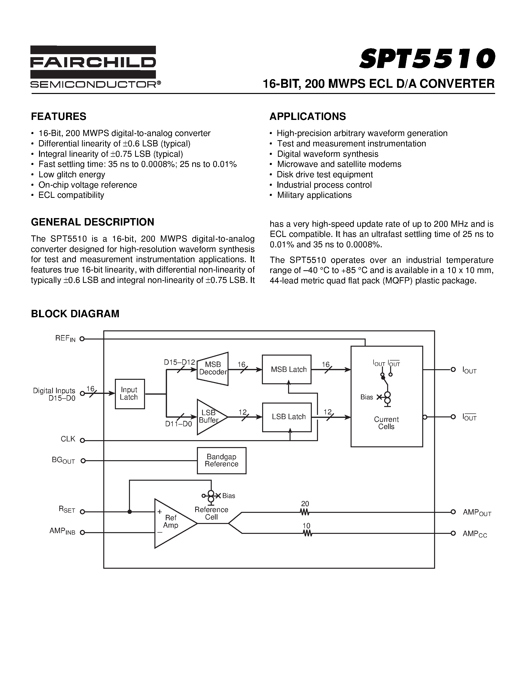 Даташит SPT5510 - 16-BIT / 200 MWPS ECL D/A CONVERTER страница 1