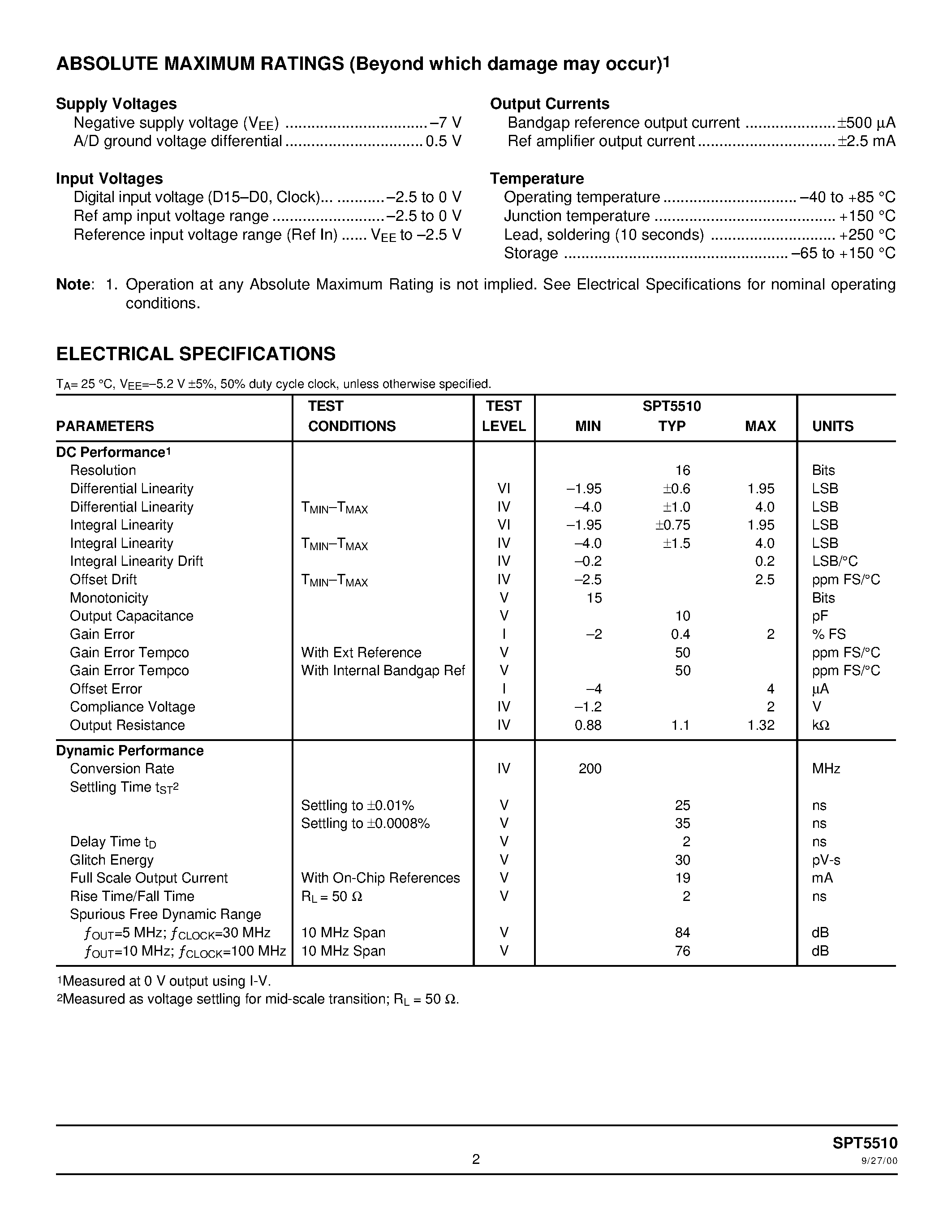 Даташит SPT5510 - 16-BIT / 200 MWPS ECL D/A CONVERTER страница 2