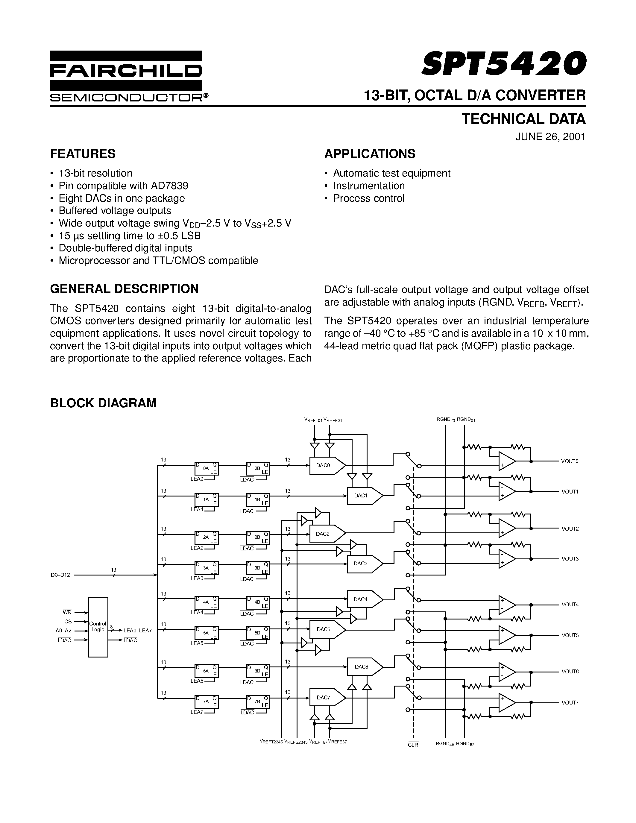 Даташит SPT5420 - 13-BIT / OCTAL D/A CONVERTER страница 1