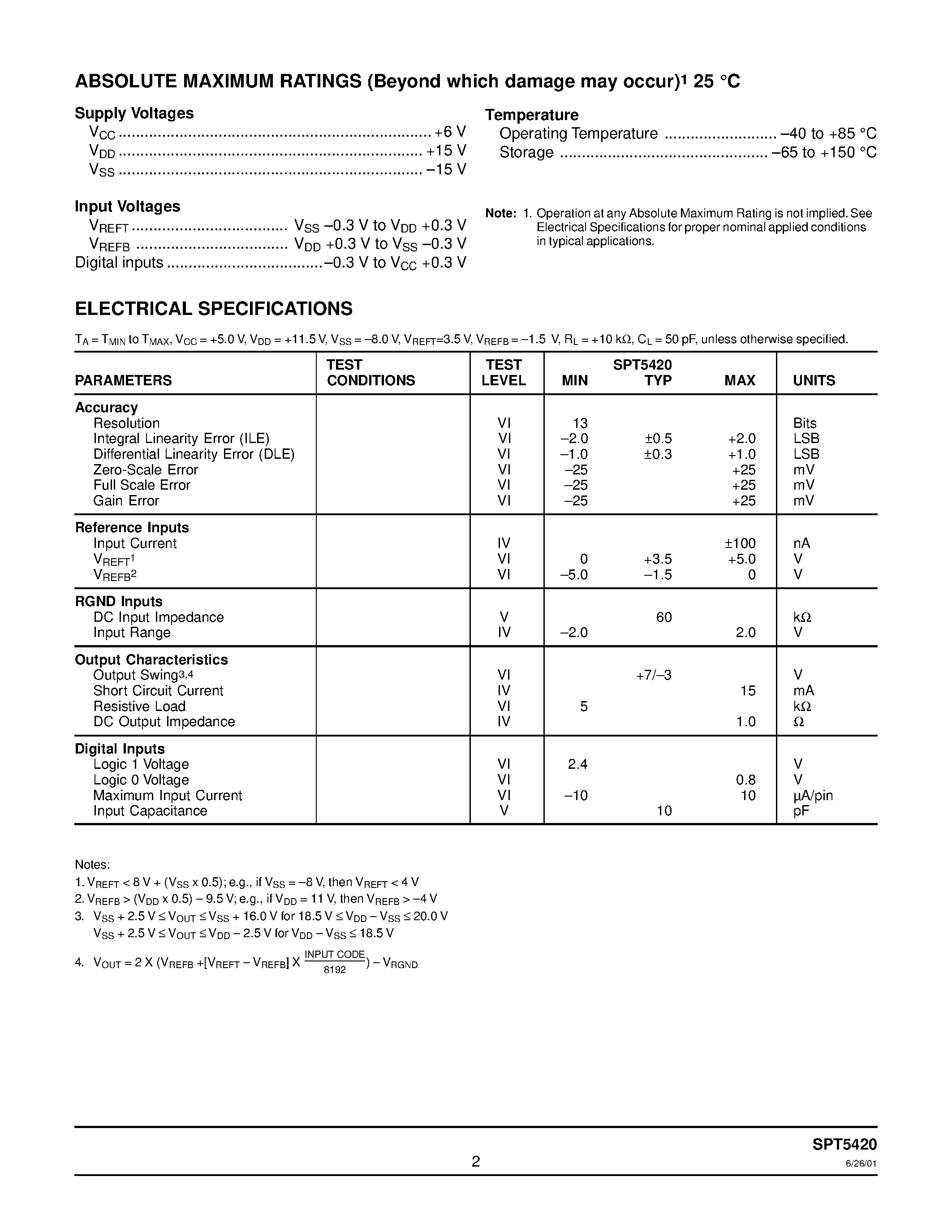 Даташит SPT5420 - 13-BIT / OCTAL D/A CONVERTER страница 2