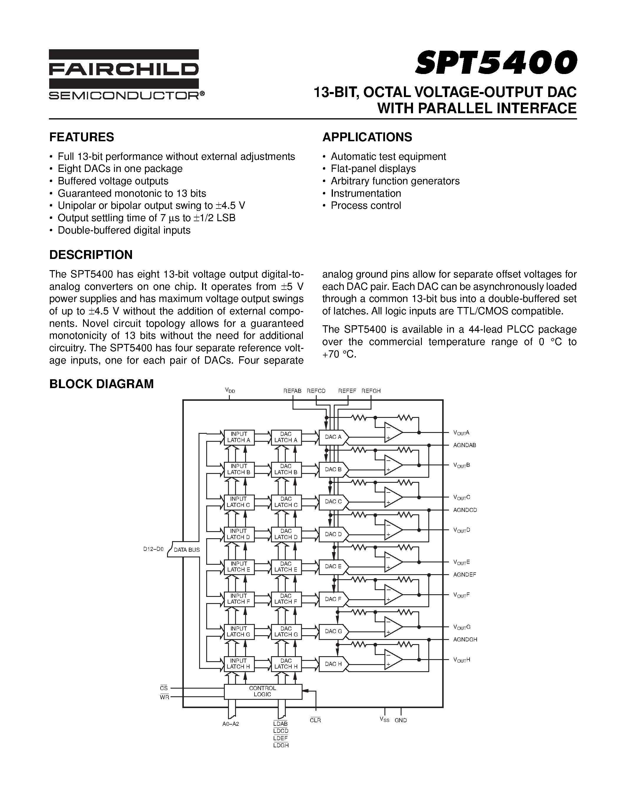 Datasheet SPT5400 - 13-BIT / OCTAL VOLTAGE-OUTPUT DAC WITH PARALLEL INTERFACE page 1