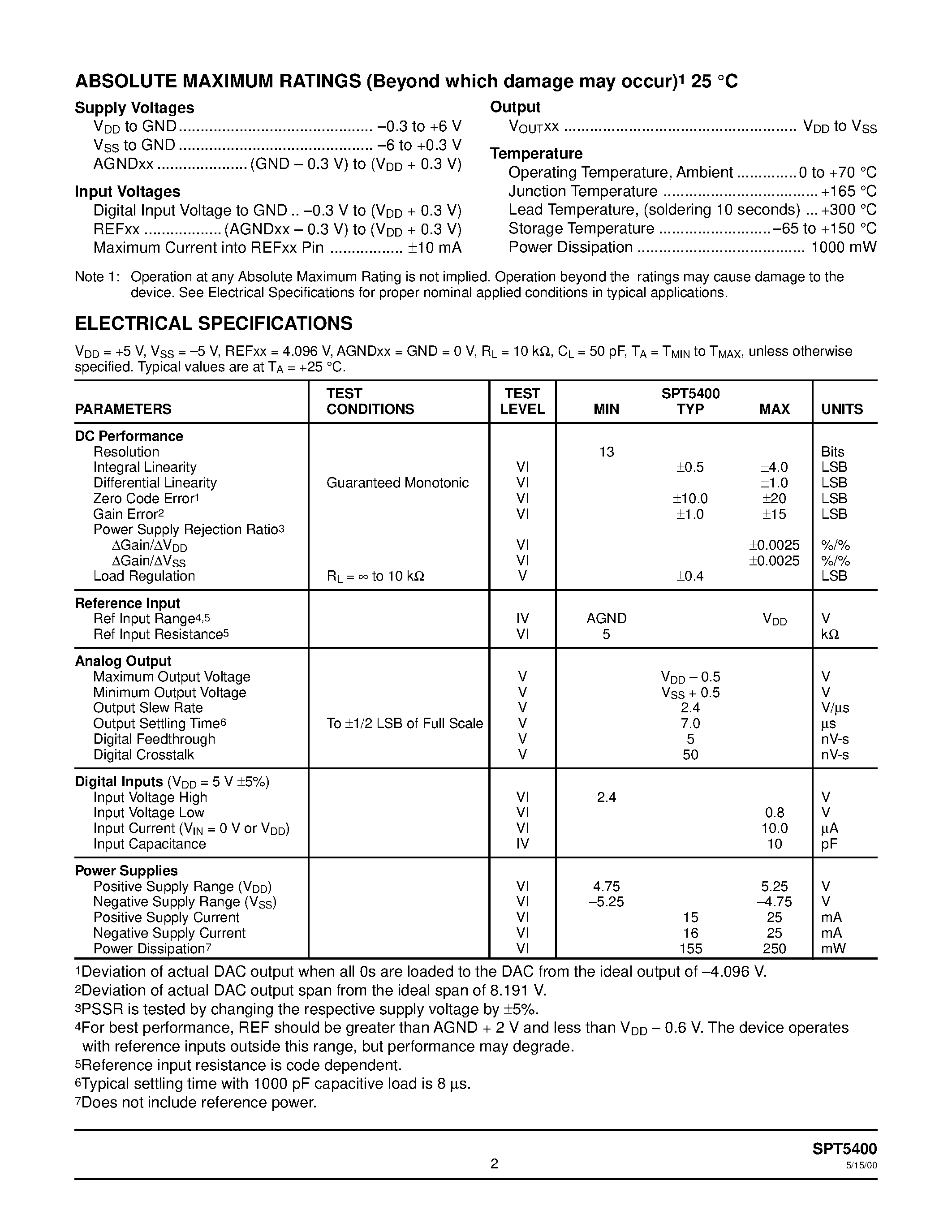 Datasheet SPT5400 - 13-BIT / OCTAL VOLTAGE-OUTPUT DAC WITH PARALLEL INTERFACE page 2