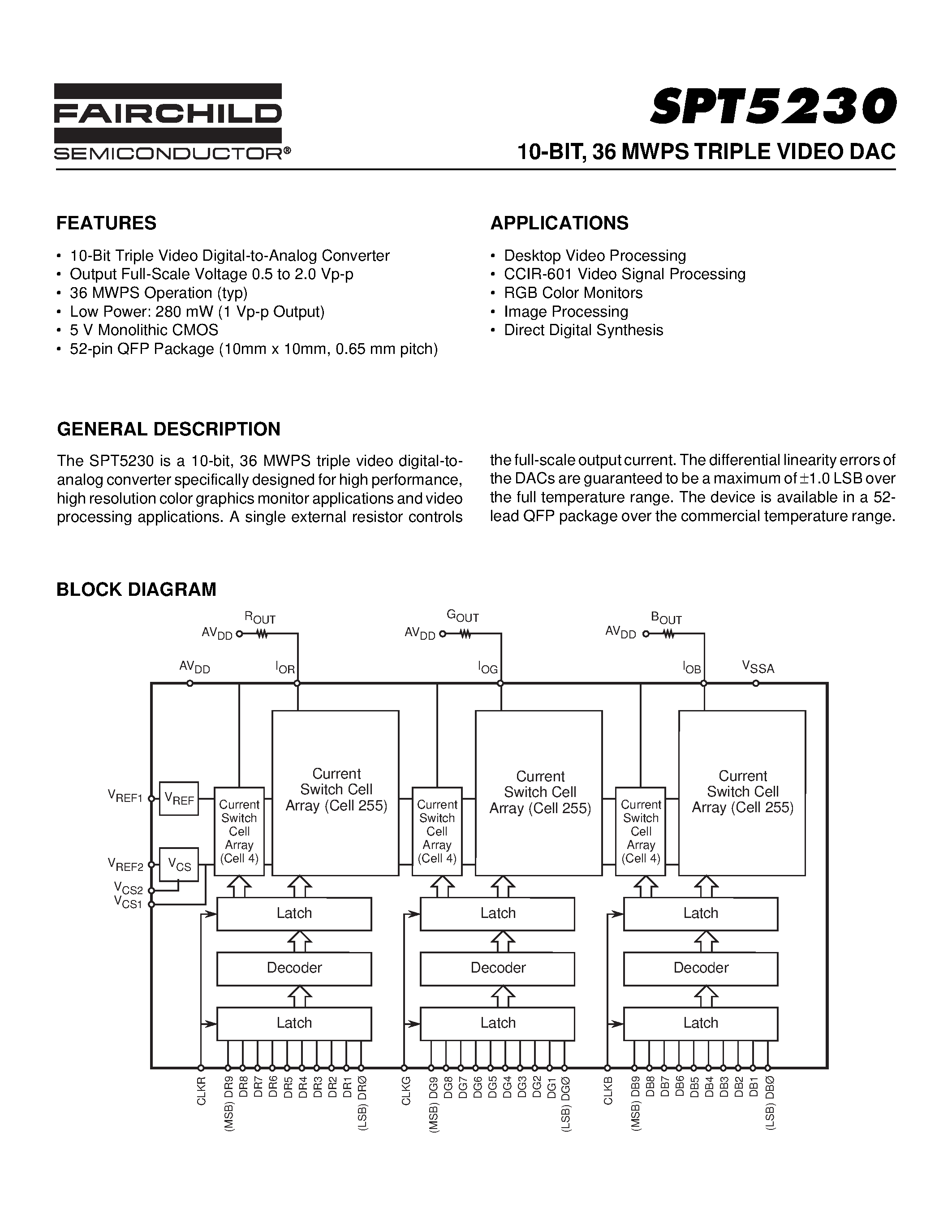 Datasheet SPT5230 - 10-BIT / 36 MWPS TRIPLE VIDEO DAC page 1