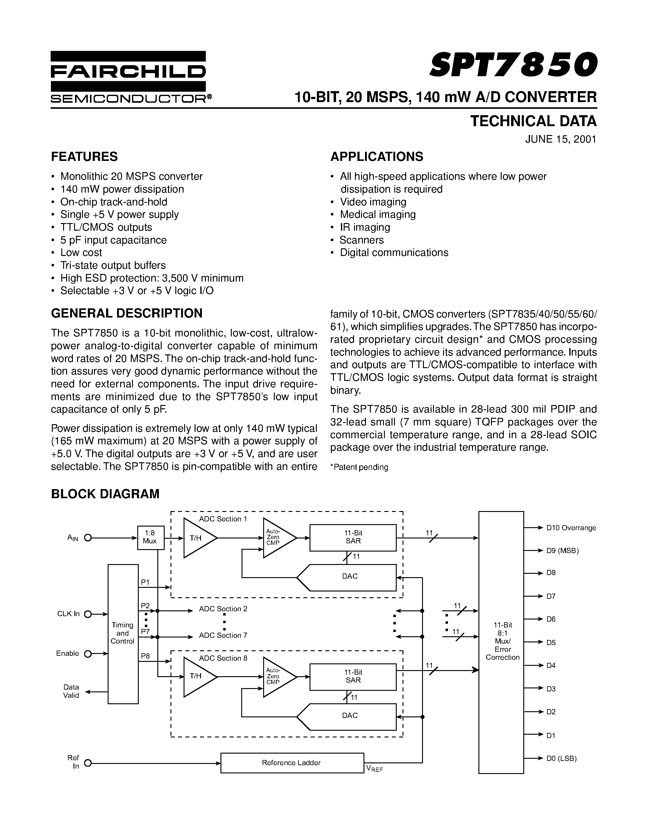Даташит SPT7850 - 10-BIT / 20 MSPS / 140 mW A/D CONVERTER страница 1