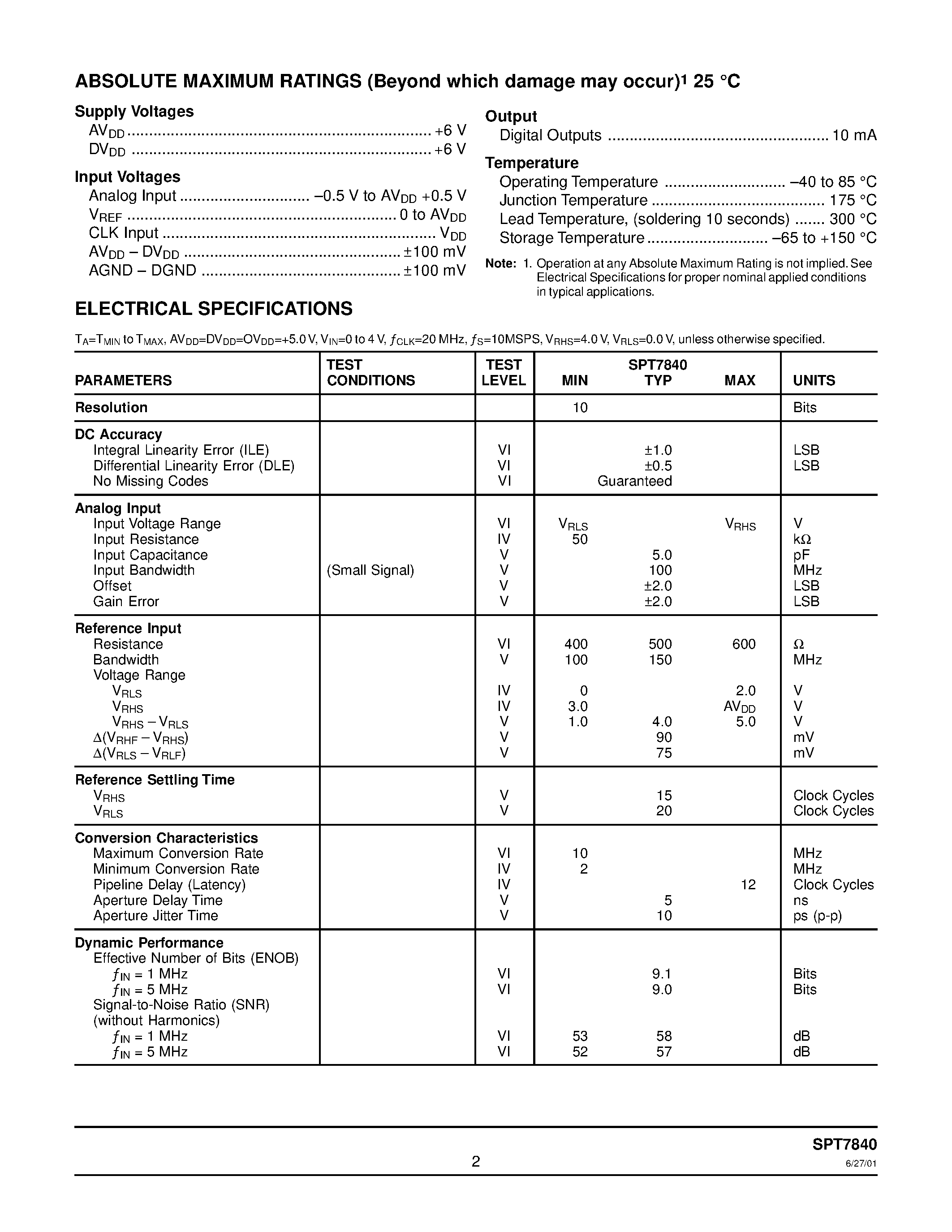 Даташит SPT7840 - 10-BIT / 10 MSPS / 100 mW A/D CONVERTER страница 2