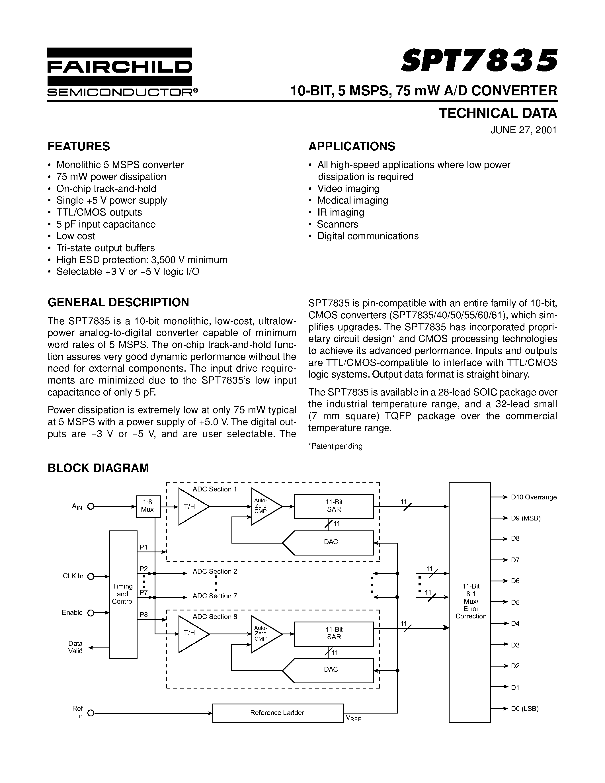 Даташит SPT7835 - 10-BIT / 5 MSPS / 75 mW A/D CONVERTER страница 1