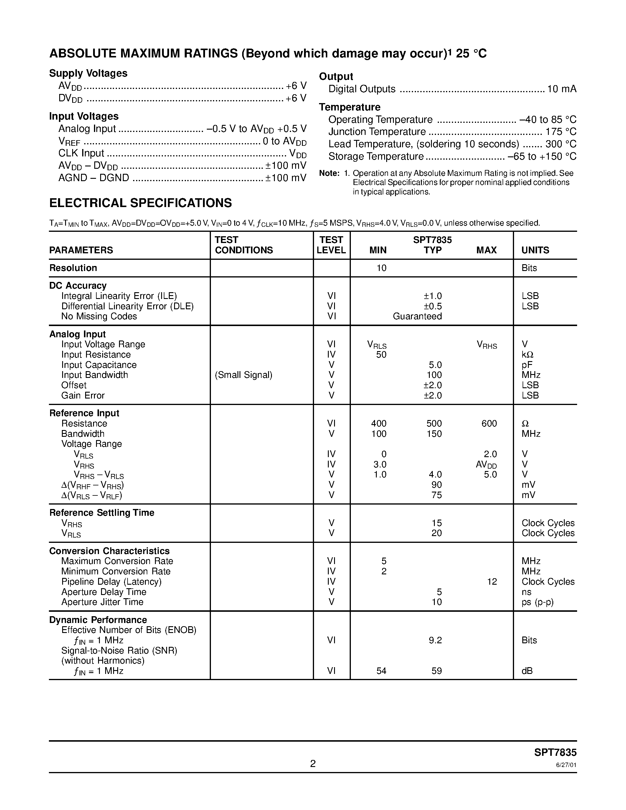 Даташит SPT7835 - 10-BIT / 5 MSPS / 75 mW A/D CONVERTER страница 2