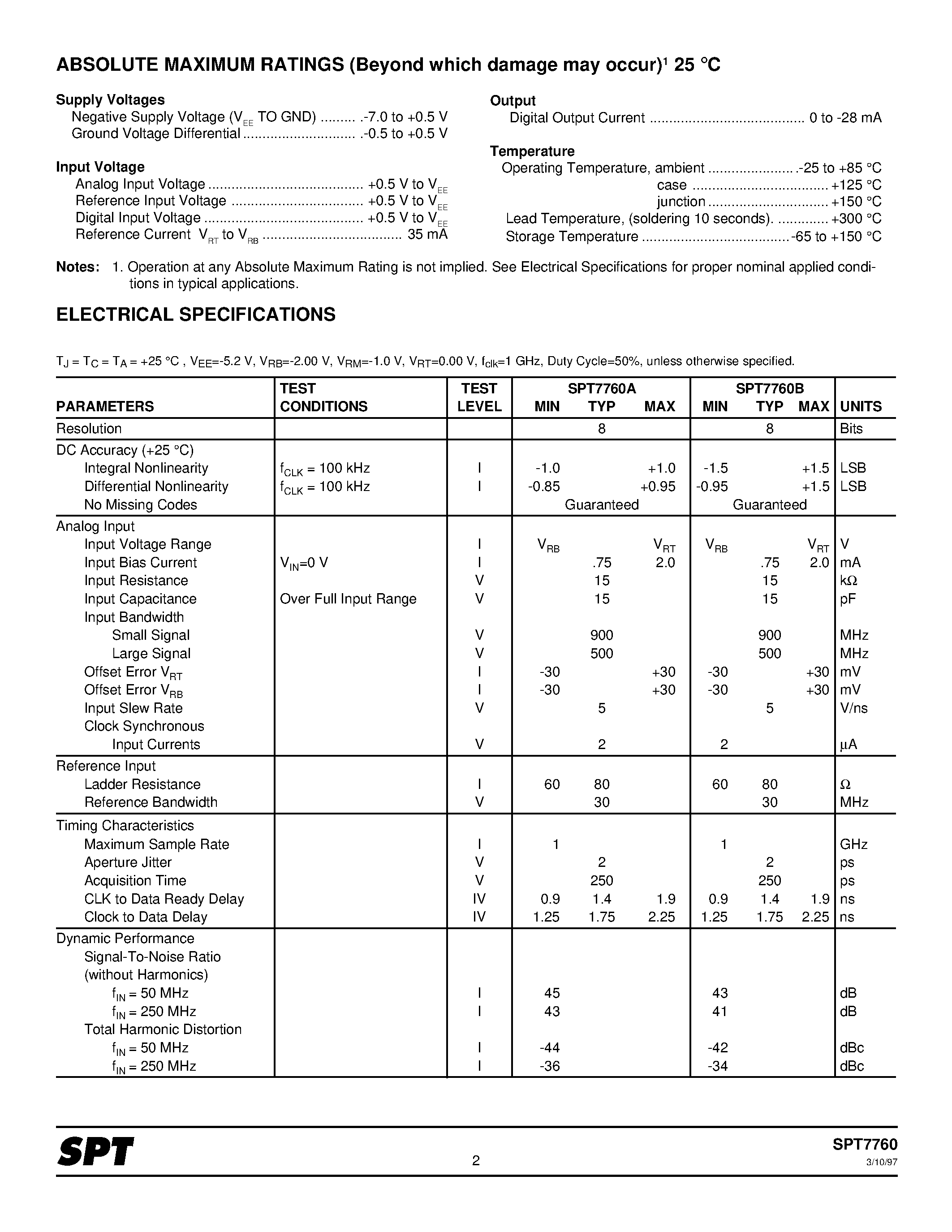 Даташит SPT7760 - 8-BIT / 1 GSPS FLASH A/D CONVERTER страница 2