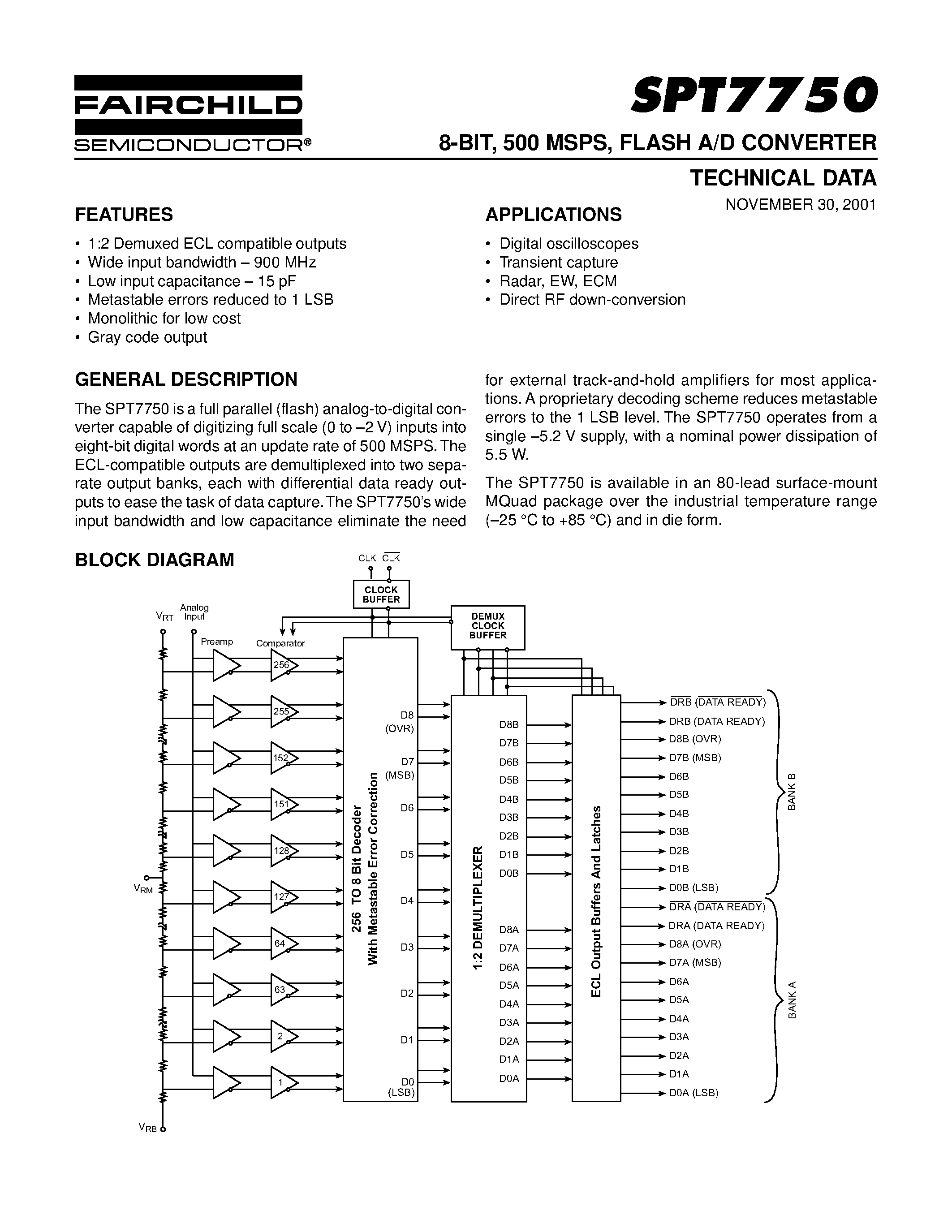 Даташит SPT7750 - 8-BIT / 500 MSPS / FLASH A/D CONVERTER страница 1
