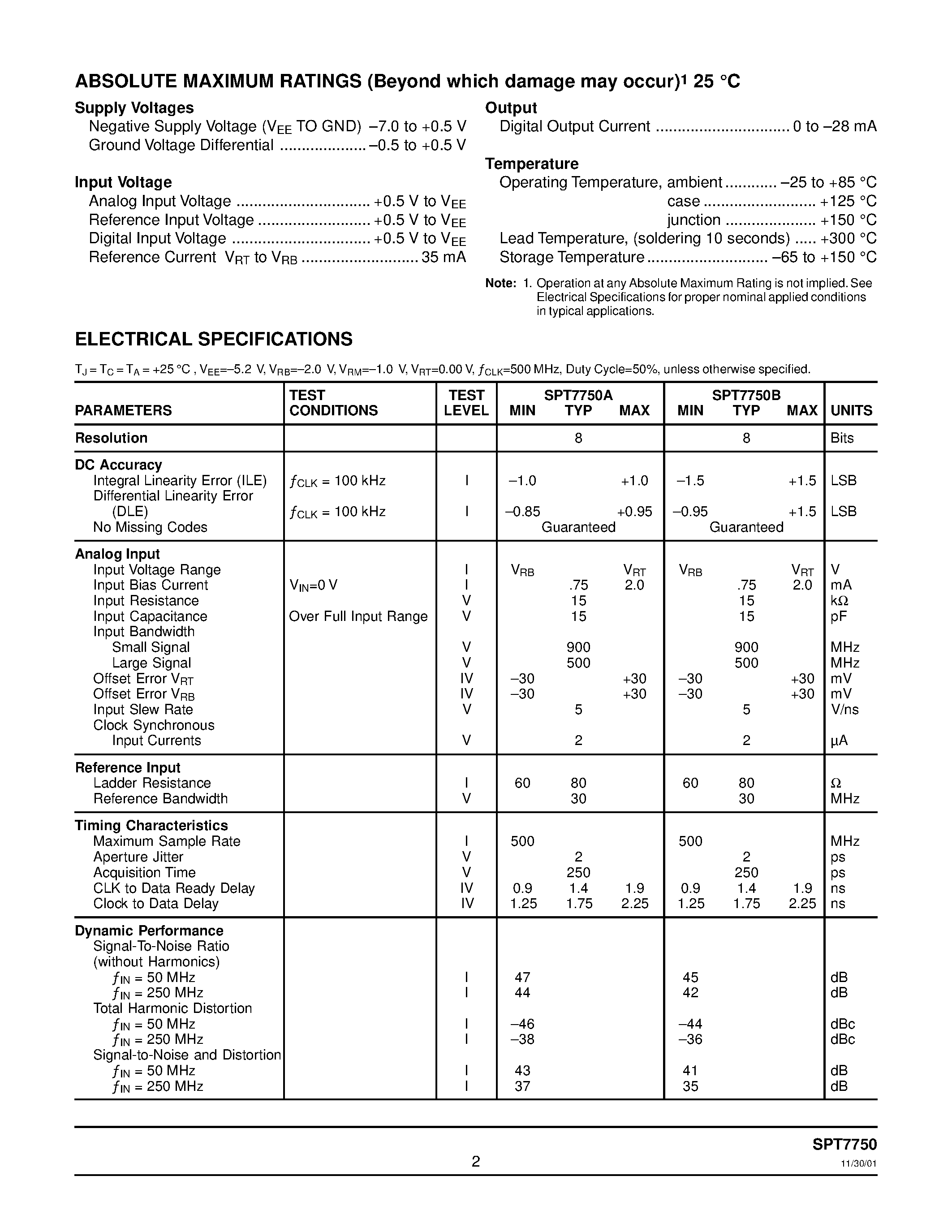 Даташит SPT7750 - 8-BIT / 500 MSPS / FLASH A/D CONVERTER страница 2