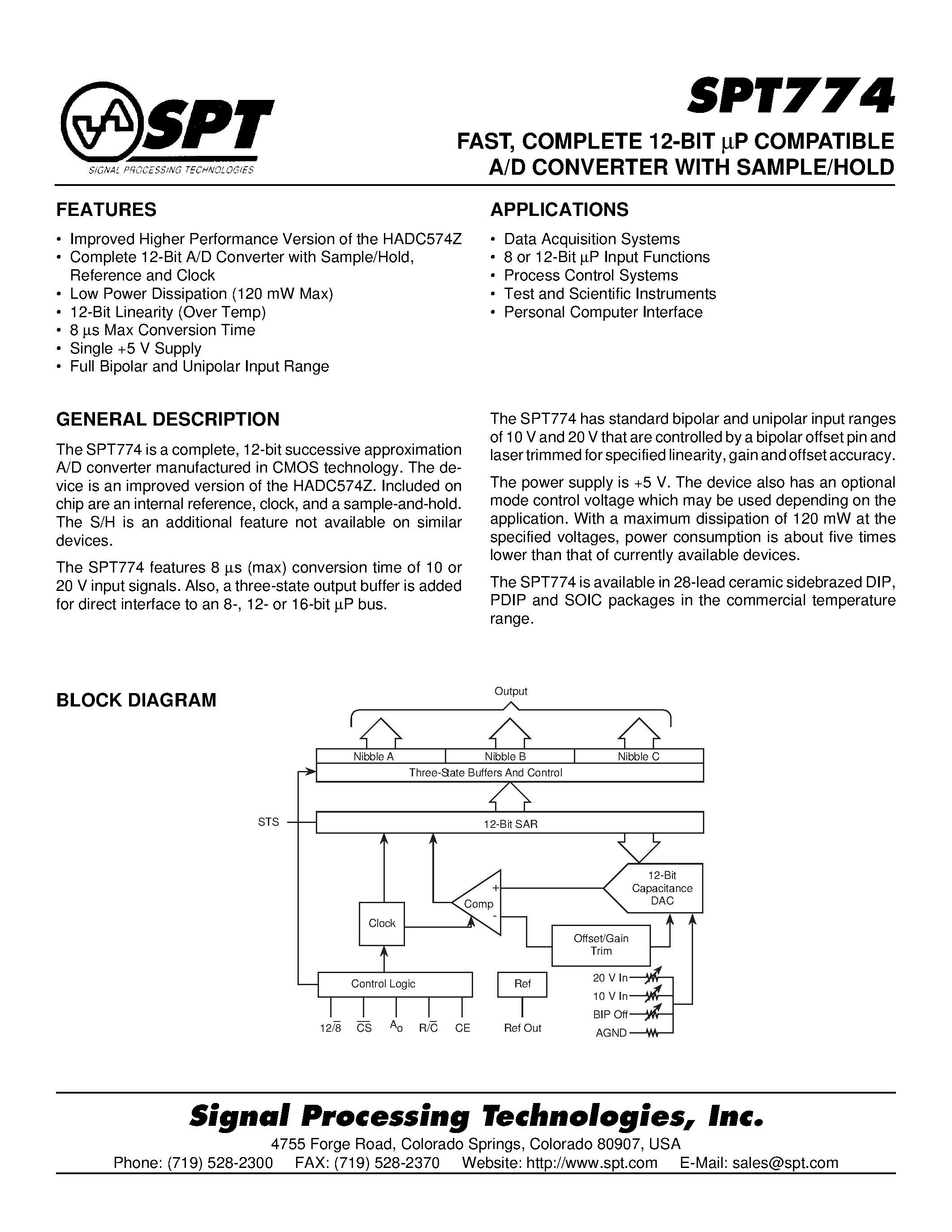 Даташит SPT774 - FAST / COMPLETE 12-BIT UP COMPATIBLE A/D CONVERTER WITH SAMPLE/HOLD страница 1