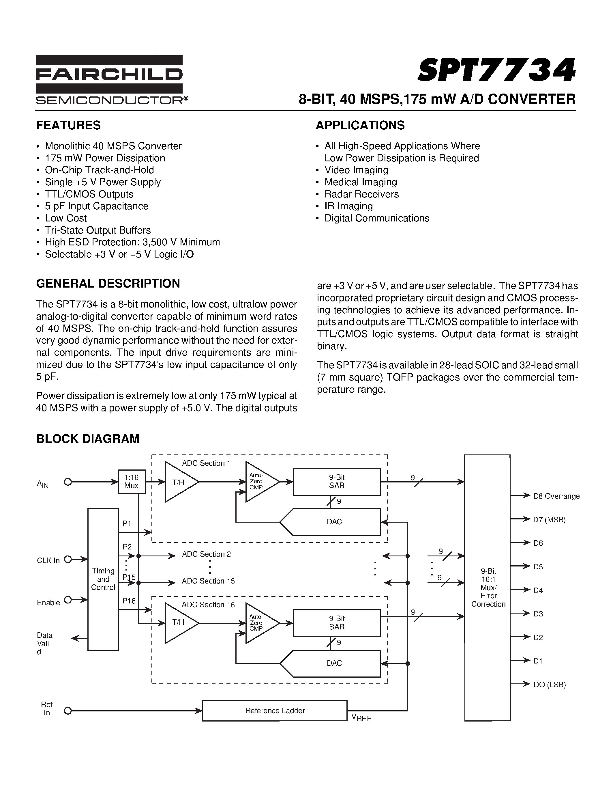 Даташит SPT7734 - 8-BIT / 40 MSPS / 175 mW A/D CONVERTER страница 1