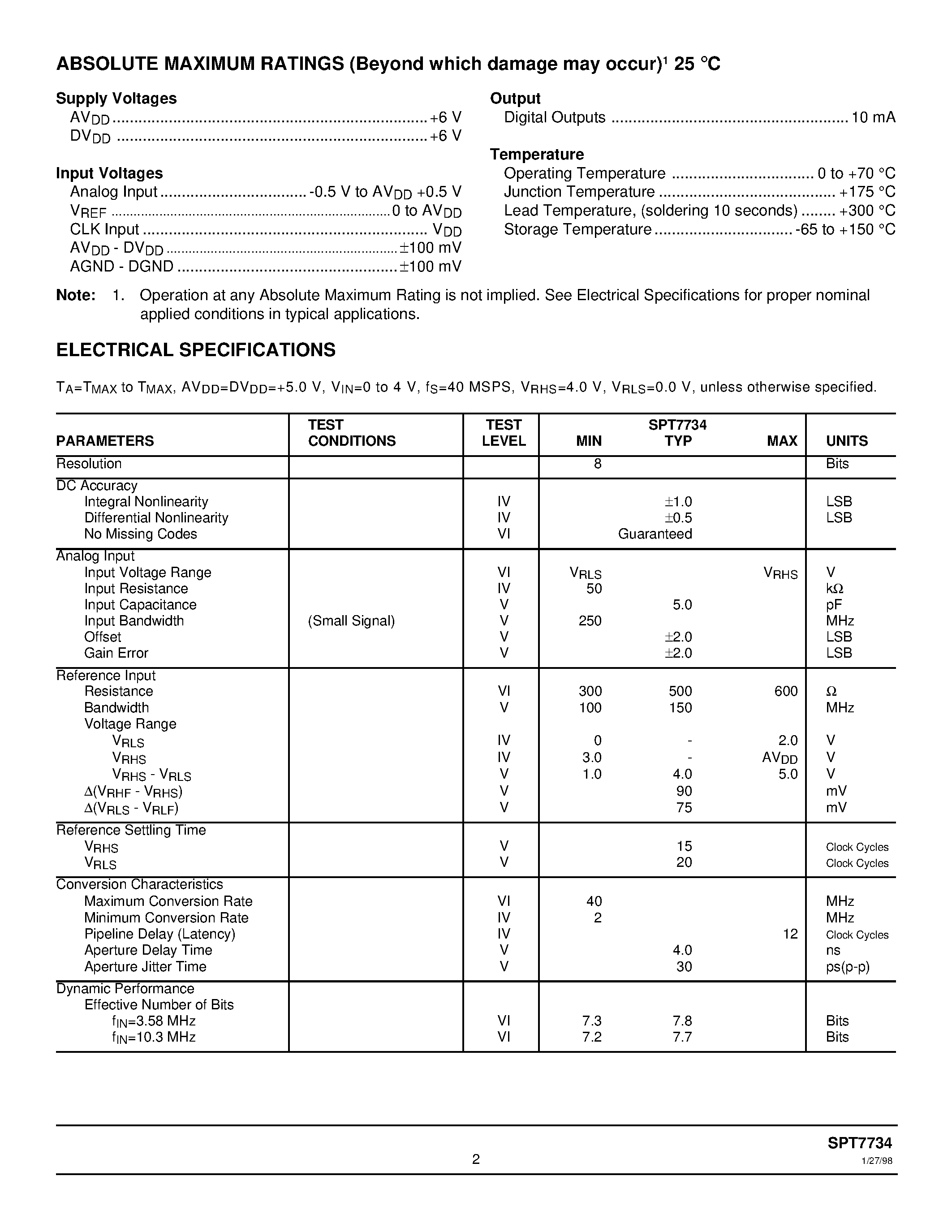 Даташит SPT7734 - 8-BIT / 40 MSPS / 175 mW A/D CONVERTER страница 2