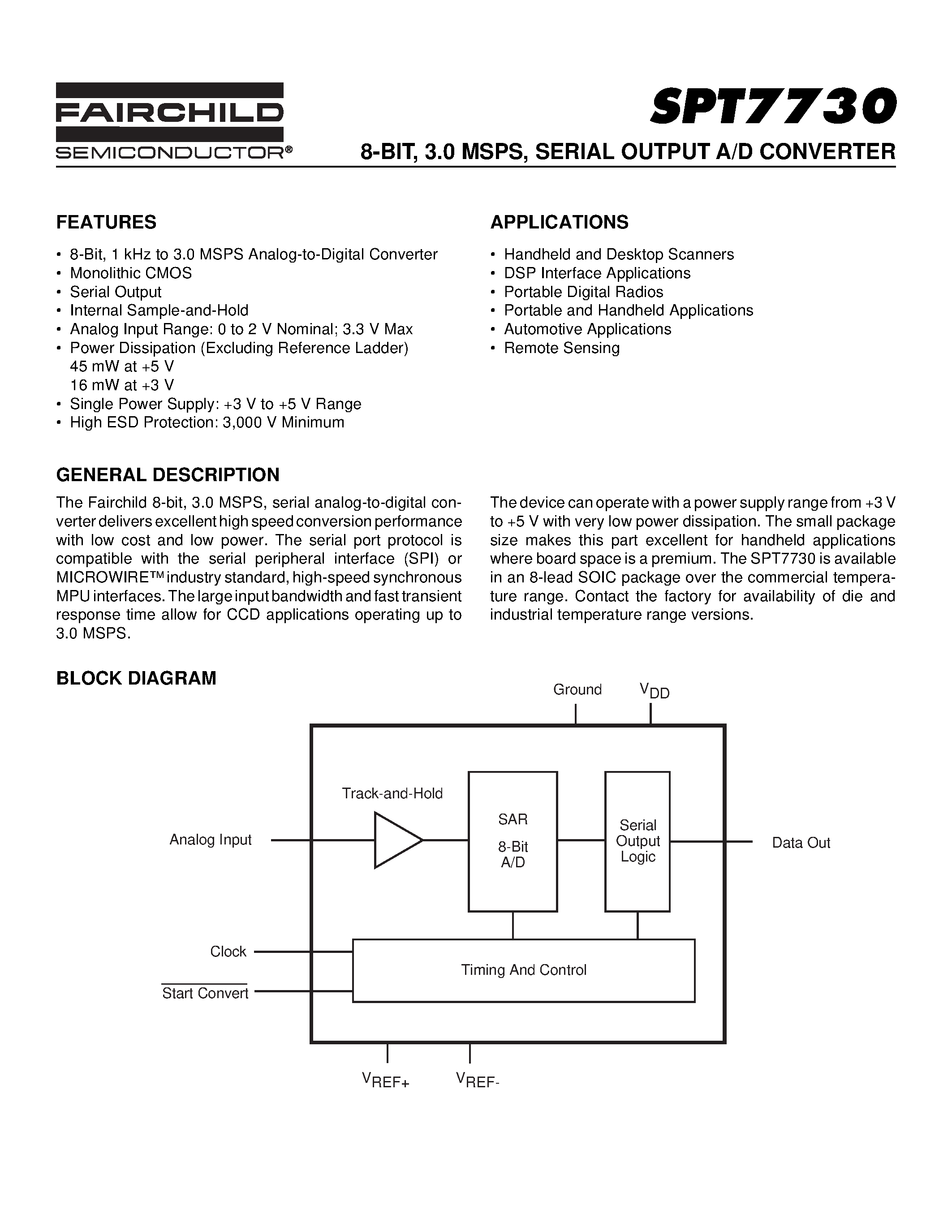 Даташит SPT7730 - 8-BIT / 3.0 MSPS / SERIAL OUTPUT A/D CONVERTER страница 1
