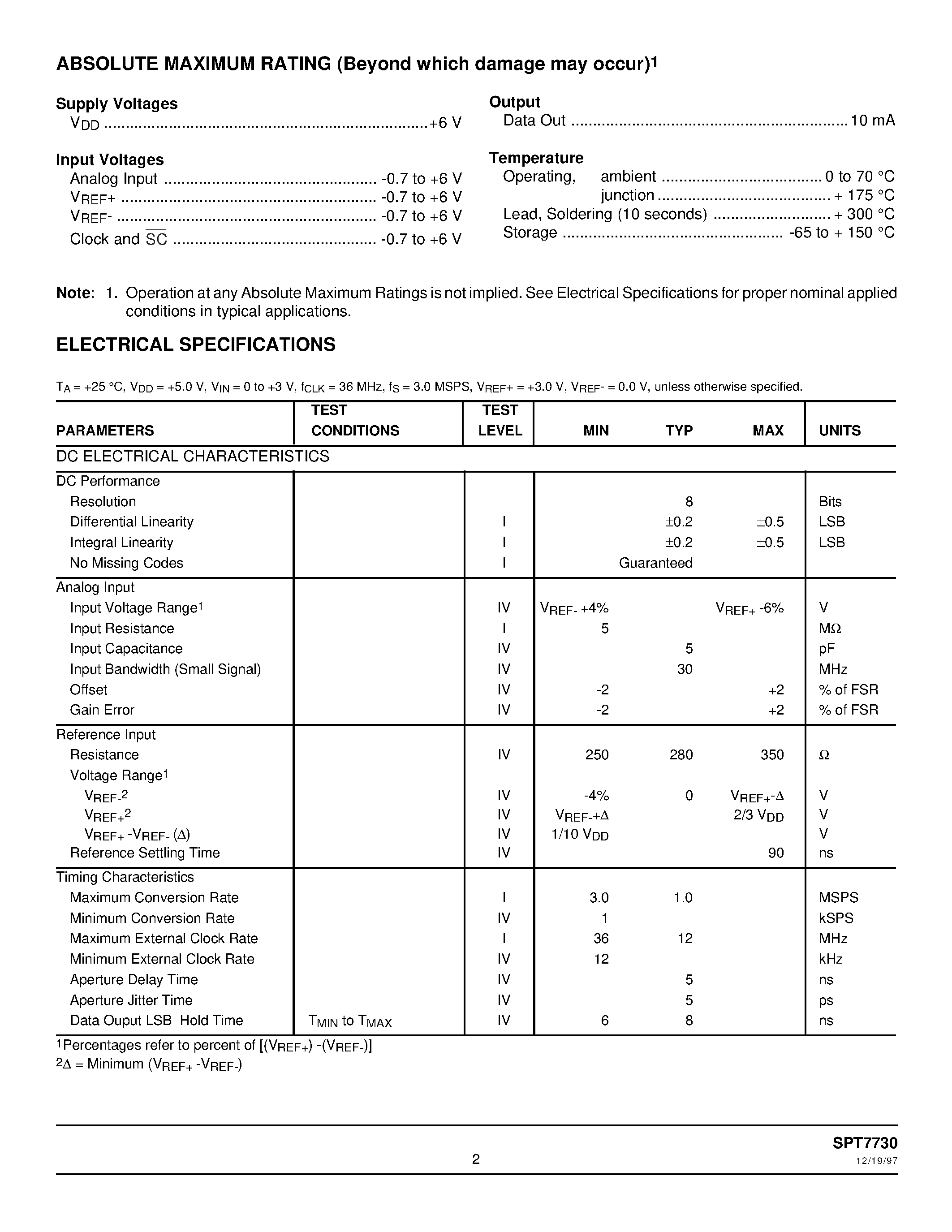 Даташит SPT7730 - 8-BIT / 3.0 MSPS / SERIAL OUTPUT A/D CONVERTER страница 2