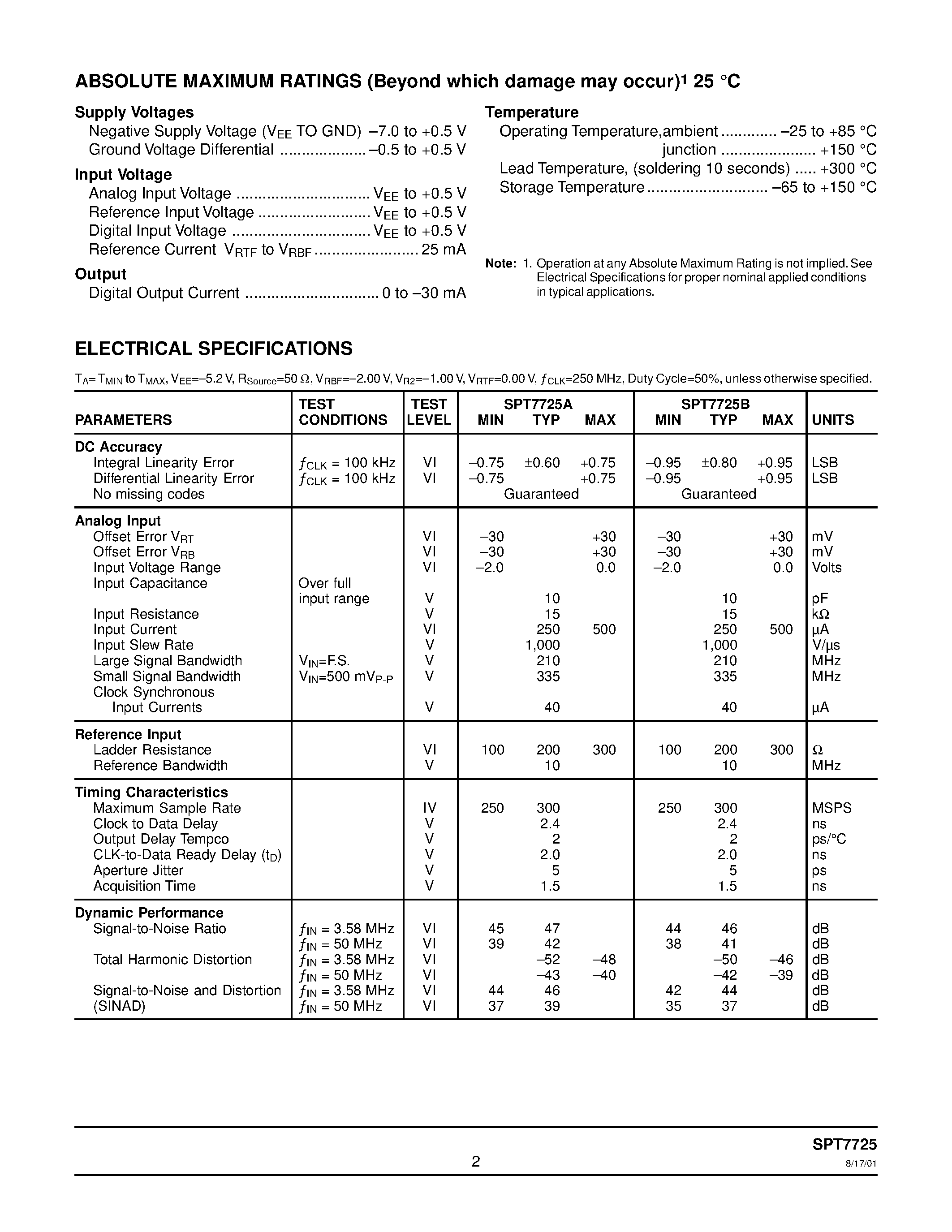 Даташит SPT7725 - 8-BIT / 300 MSPS / FLASH A/D CONVERTER страница 2