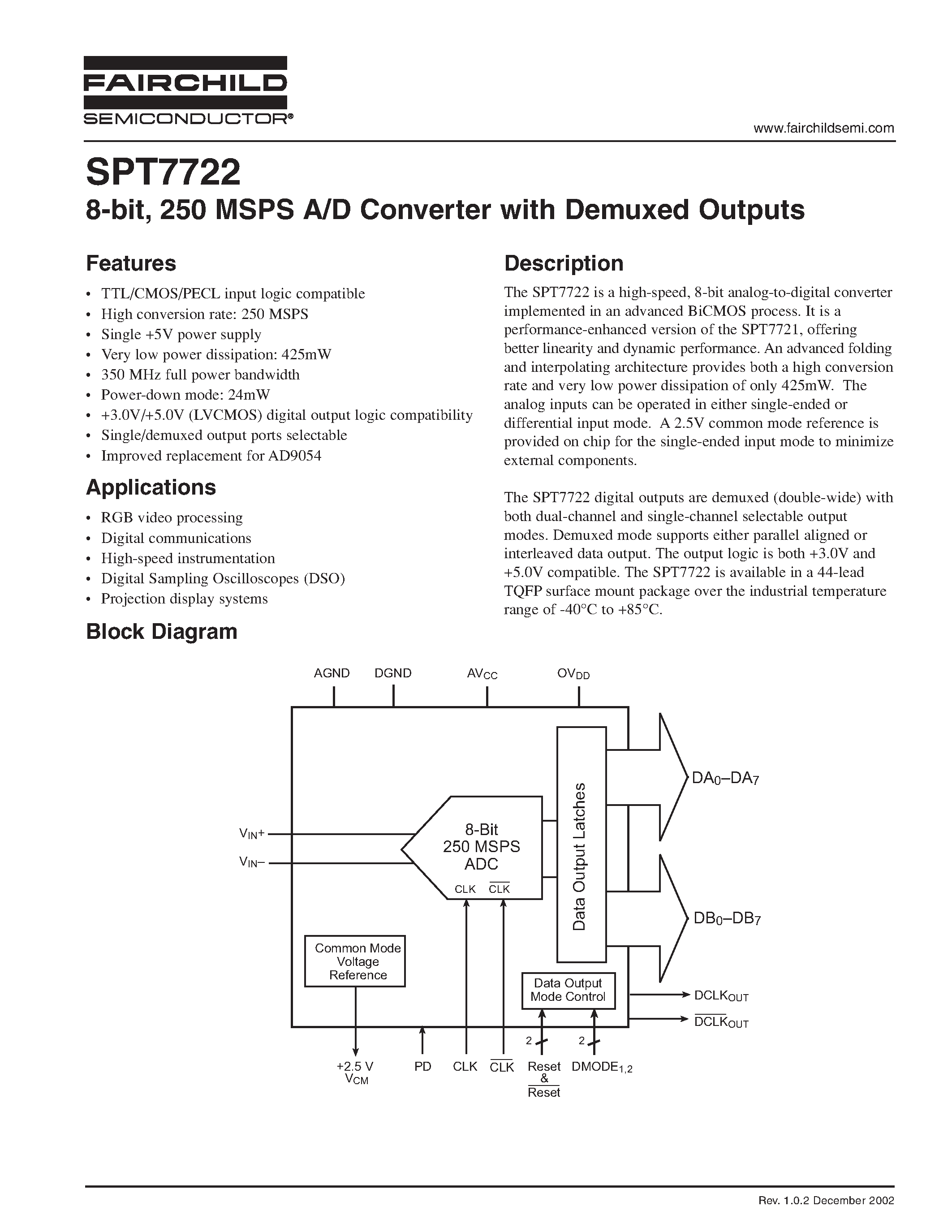 Даташит SPT7722 - 8-bit / 250 MSPS A/D Converter with Demuxed Outputs страница 1