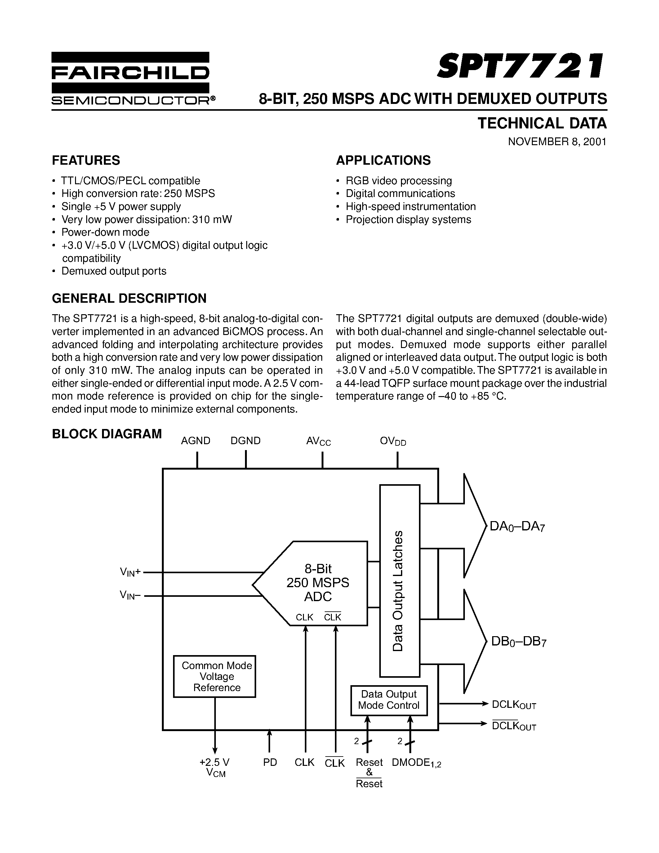 Даташит SPT7721 - 8-BIT / 250 MSPS ADC WITH DEMUXED OUTPUTS страница 1
