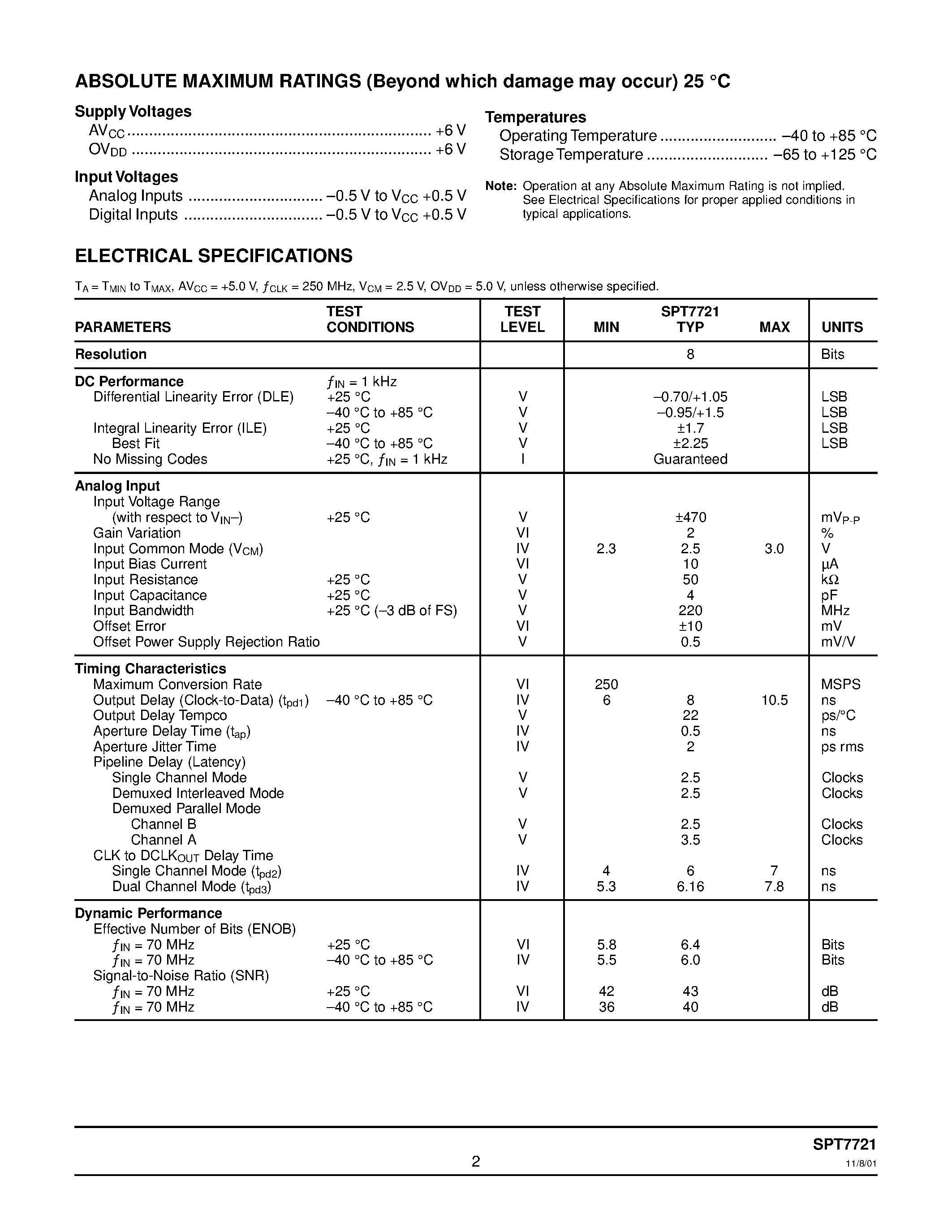 Даташит SPT7721 - 8-BIT / 250 MSPS ADC WITH DEMUXED OUTPUTS страница 2