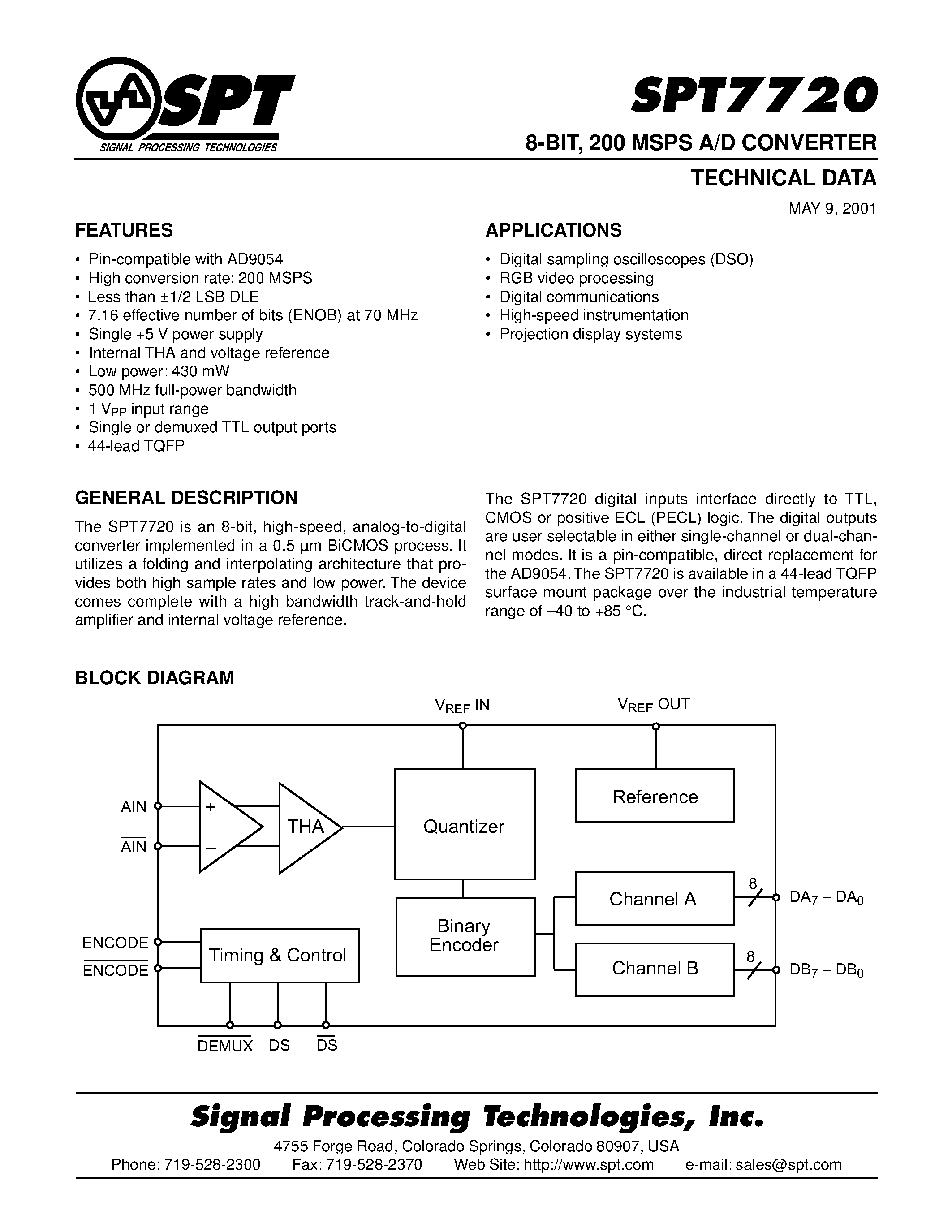 Даташит SPT7720 - 8-BIT / 200 MSPS A/D CONVERTER страница 1