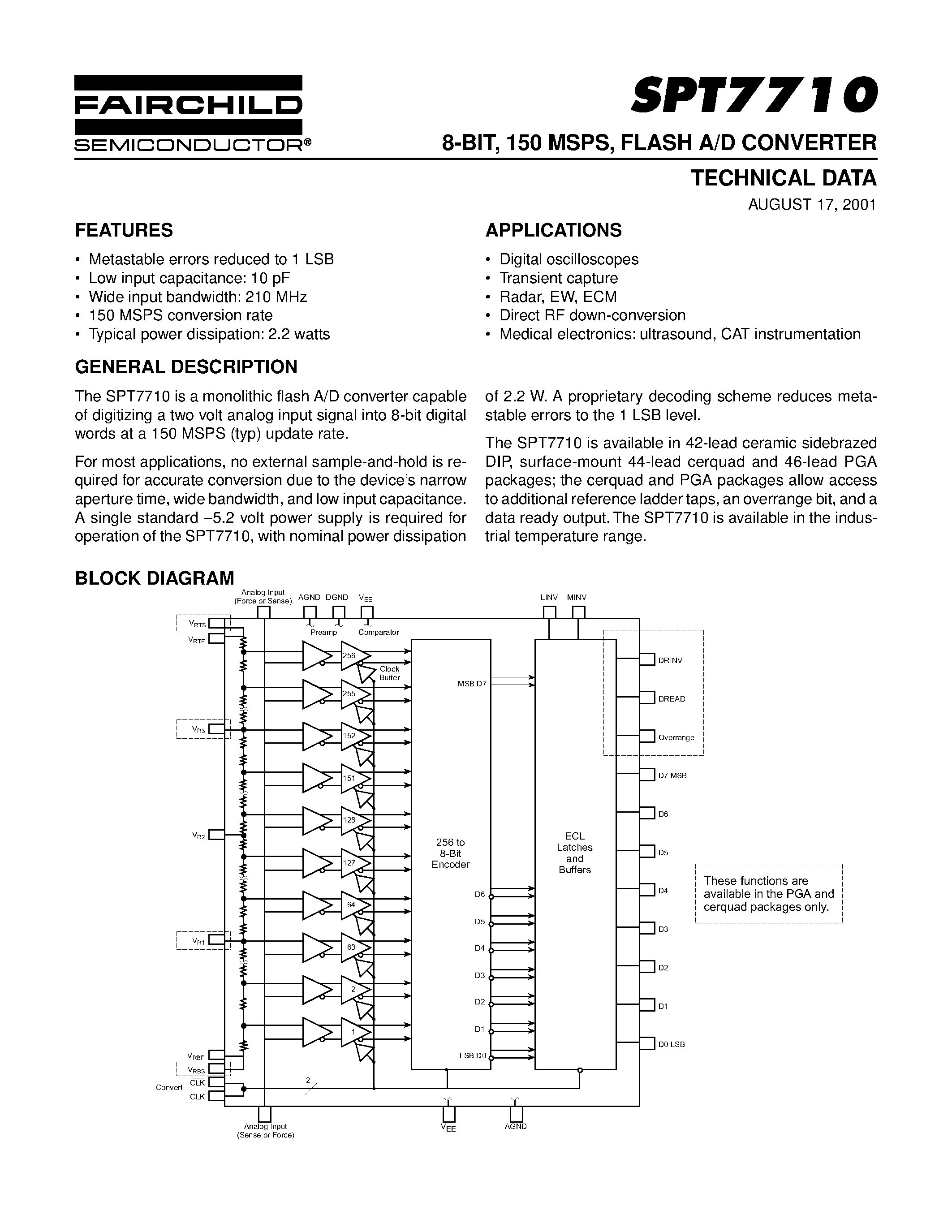 Даташит SPT7710 - 8-BIT / 150 MSPS / FLASH A/D CONVERTER страница 1