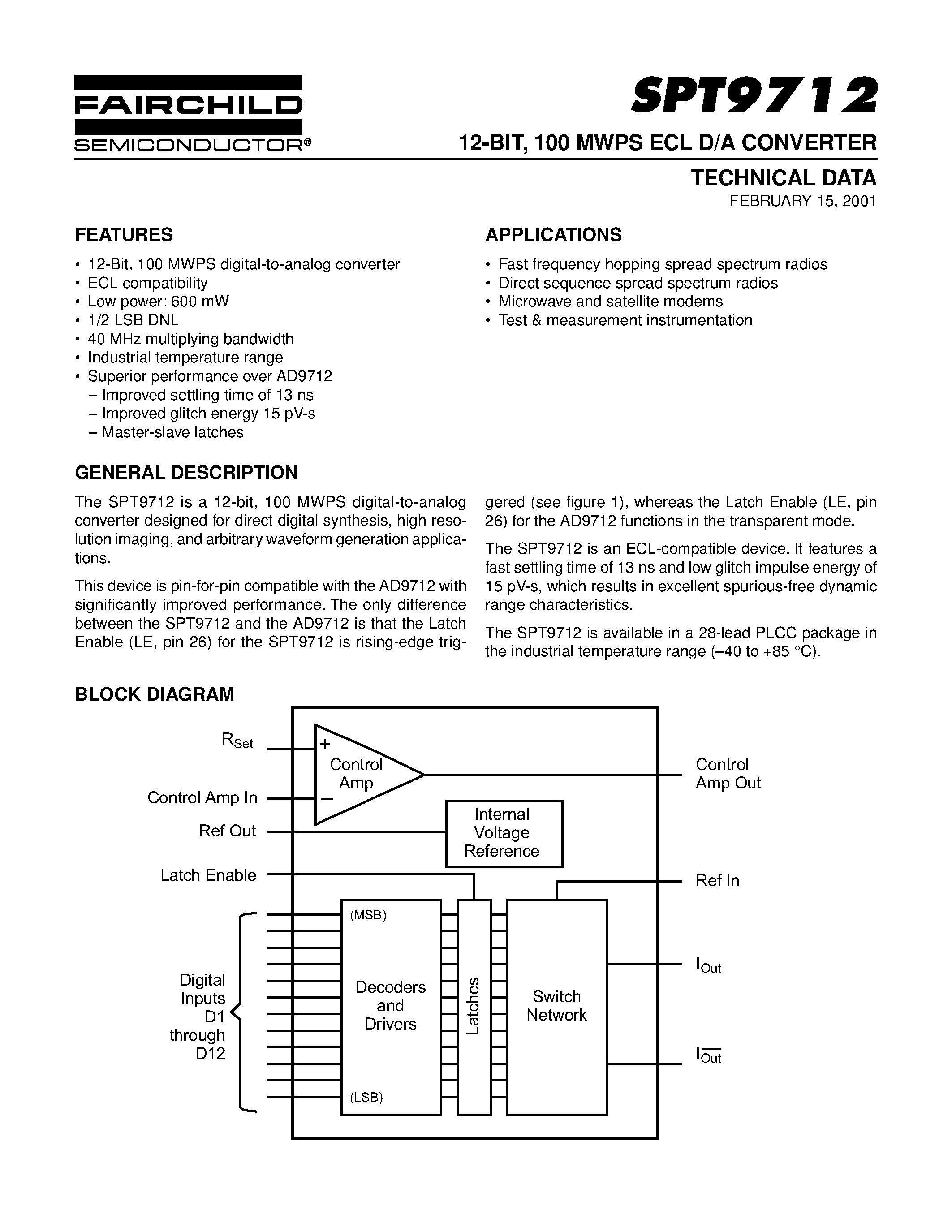 Даташит SPT9712 - 12-BIT / 100 MWPS TTL D/A CONVERTER страница 1