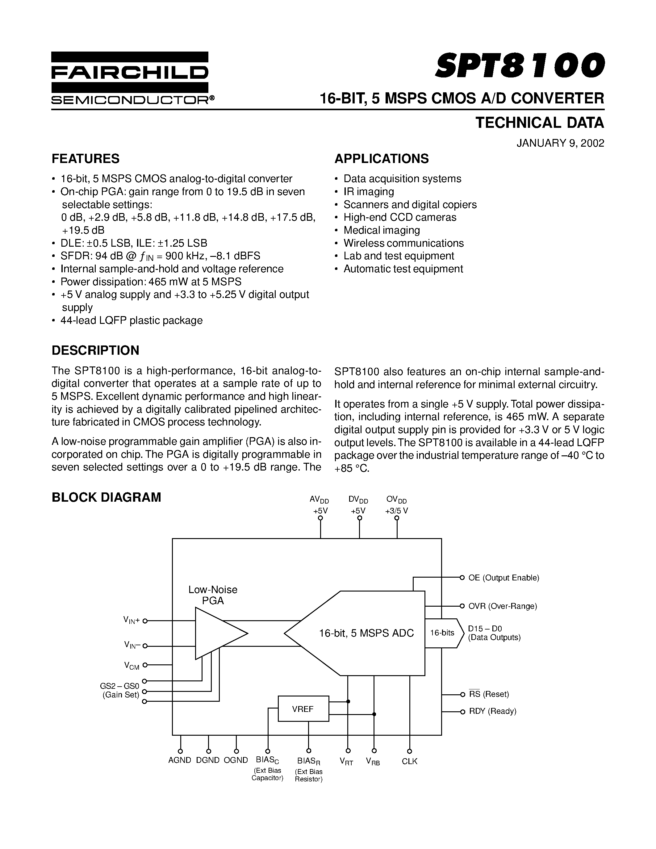 Даташит SPT8100 - 16-BIT / 5 MSPS CMOS A/D CONVERTER страница 1