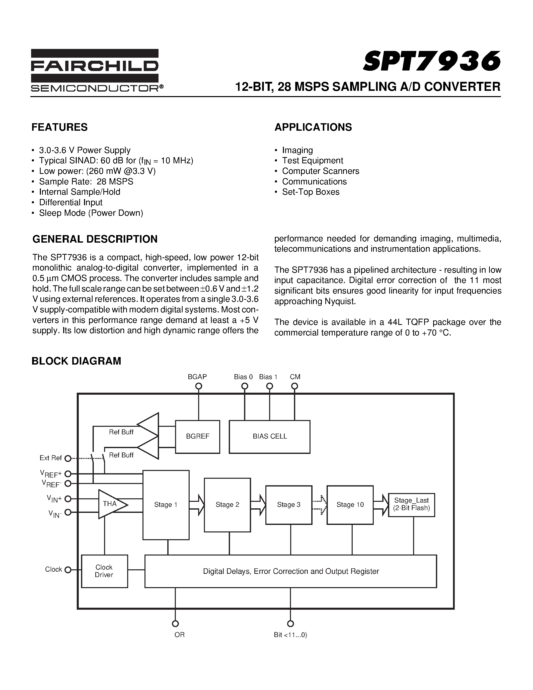 Даташит SPT7936 - 12-BIT / 28 MSPS SAMPLING A/D CONVERTER страница 1