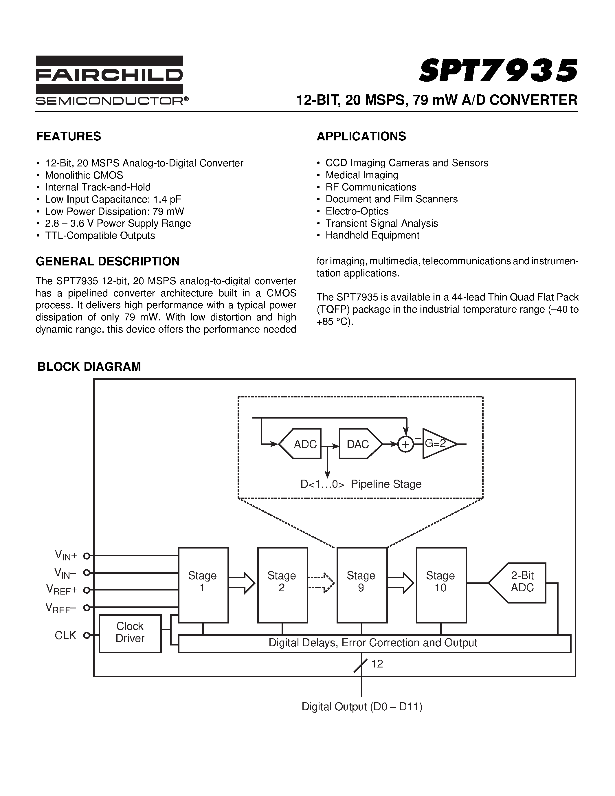 Даташит SPT7935 - 12-BIT / 20 MSPS / 79 mW A/D CONVERTER страница 1