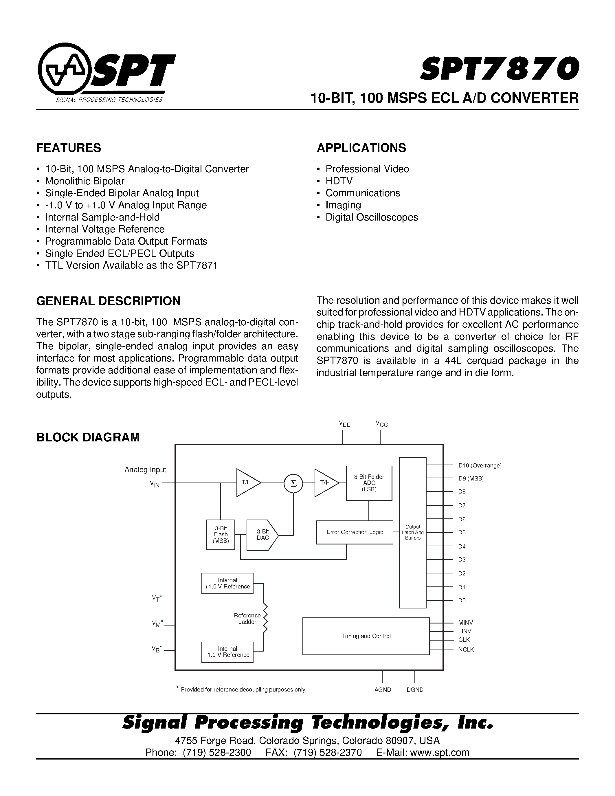 Даташит SPT7870 - 10-BIT / 100 MSPS ECL A/D CONVERTER страница 1