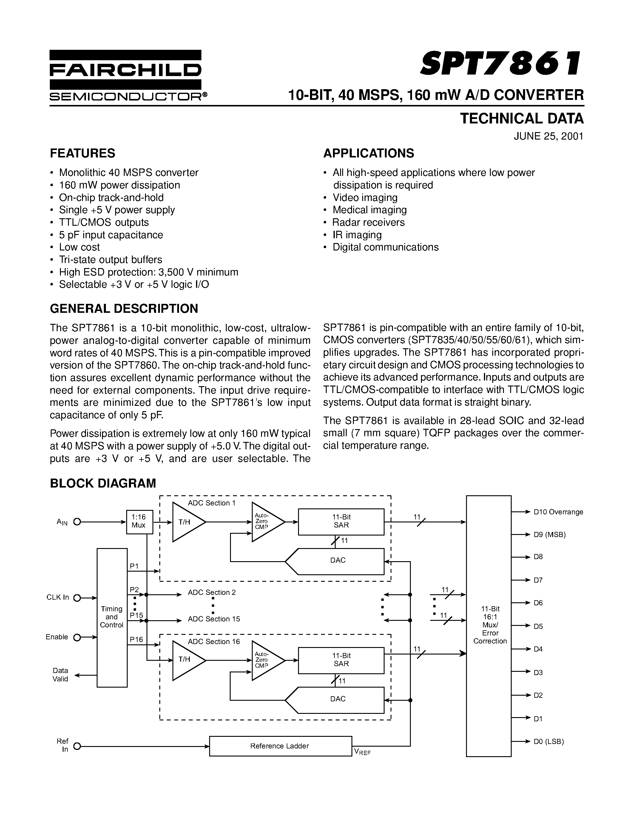 Даташит SPT7861 - 10-BIT / 40 MSPS / 160 mW A/D CONVERTER страница 1