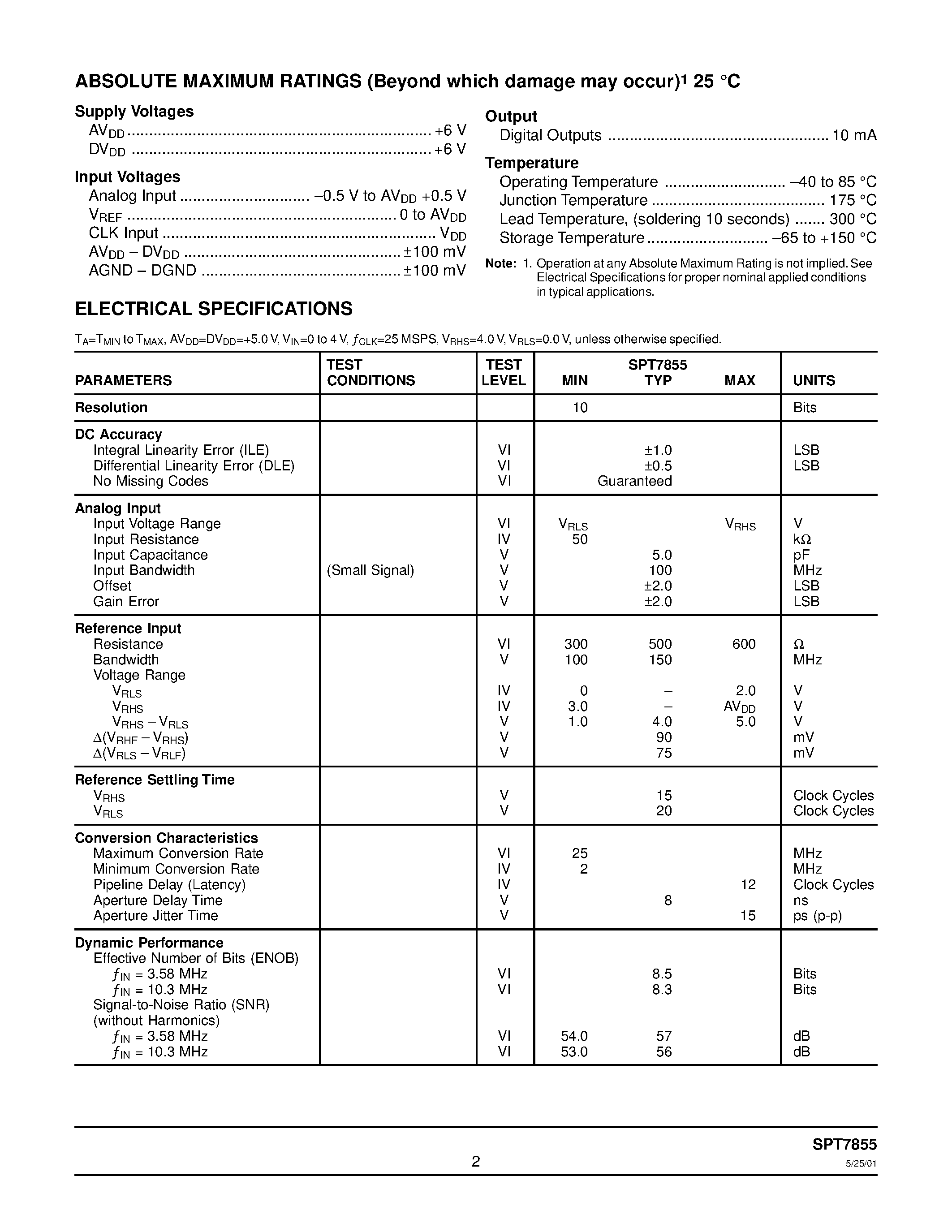 Даташит SPT7855 - 10-BIT / 25 MSPS / 135 mW A/D CONVERTER страница 2