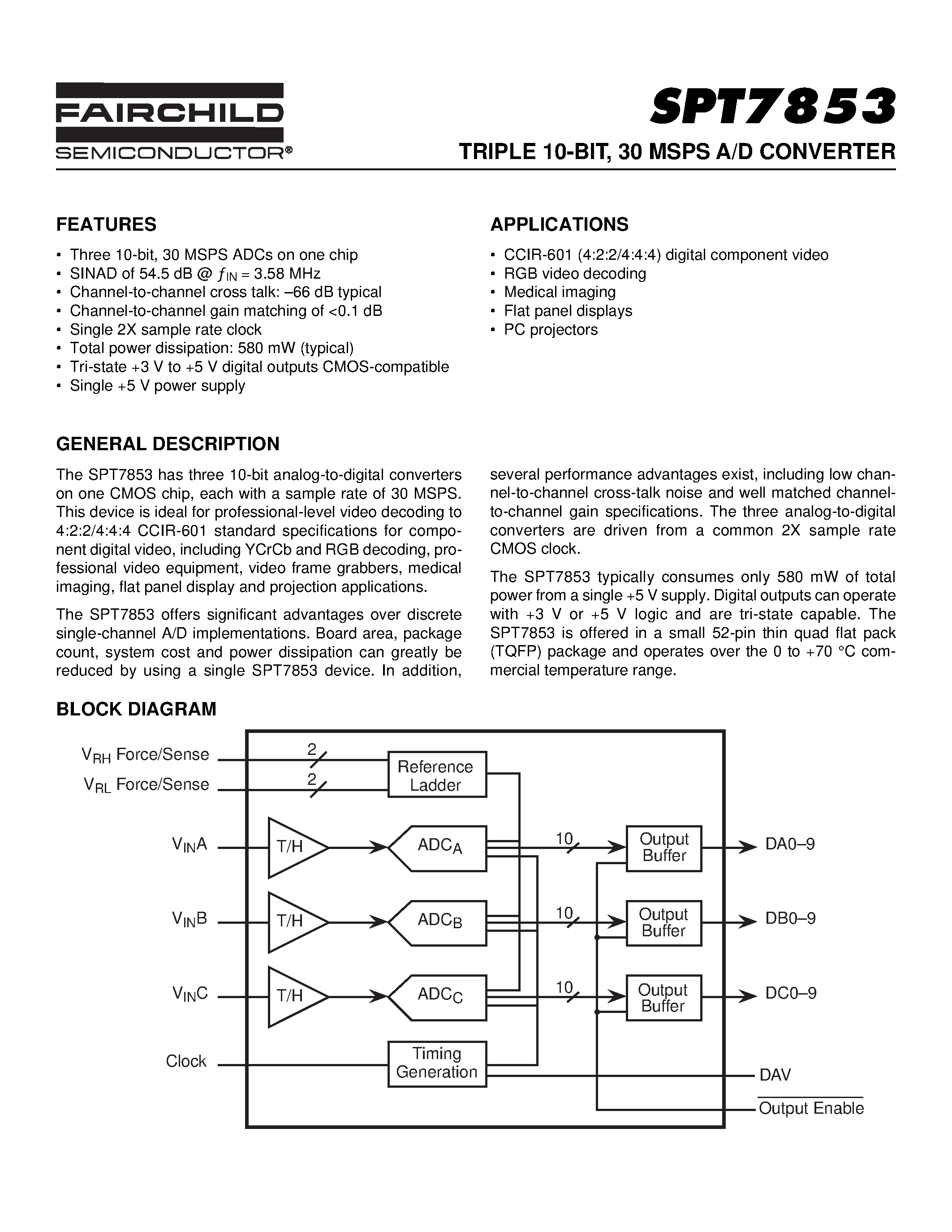 Даташит SPT7853 - TRIPLE 10-BIT / 30 MSPS A/D CONVERTER страница 1